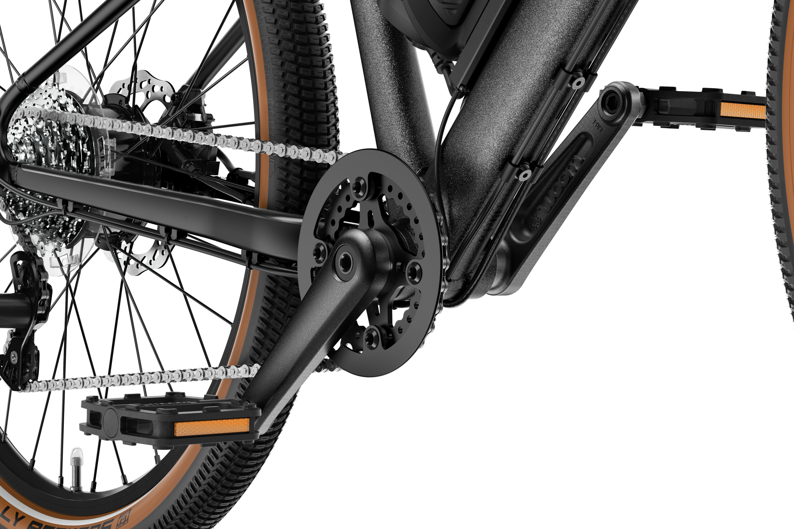 Detailansicht der Kurbel und Pedale am woom EXPLORE e 5 Allround-E-Bike.