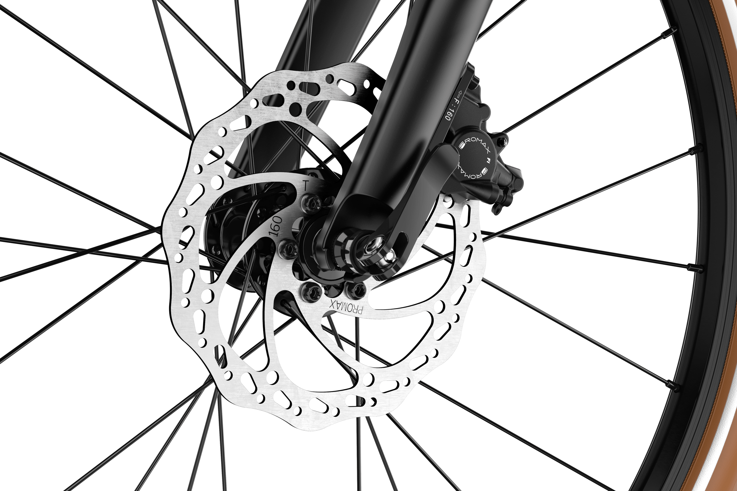 Detailansicht des vorderen Laufrads am woom EXPLORE e 5 E-Bikes, mit Bremsscheibe und Schnellspannachse.