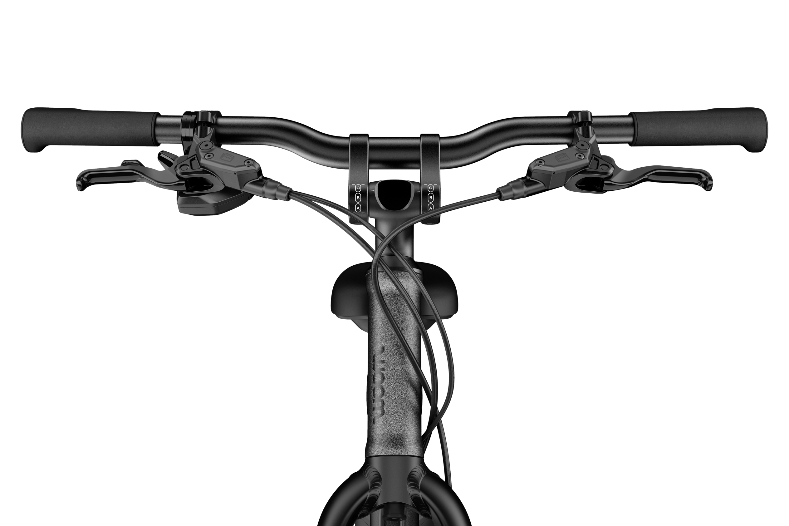 Frontale Detailansicht von Steuerrohr, Vorbau, Lenker und Griffen am woom EXPLORE e 5 E-Bike.