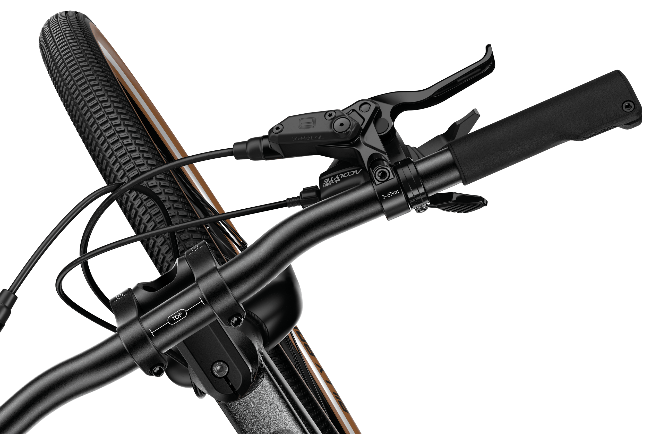Vogelperspektive auf das rechte Lenkerende des woom EXPLORE e 5 E-Bikes, mit Bremshebel und Trigger-Schalthebel.