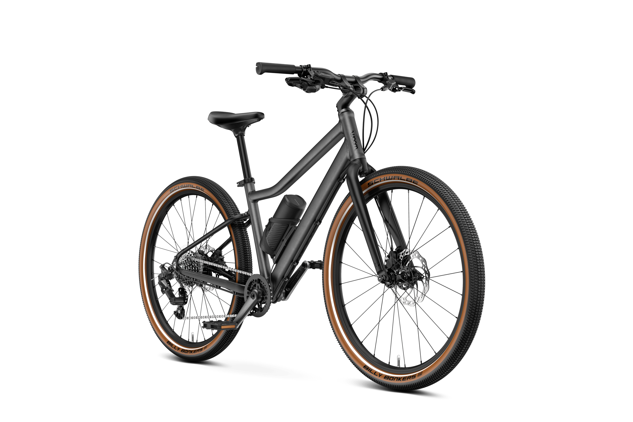 woom EXPLORE e 5 elcykel, set fra siden, kørselsretning til højre.