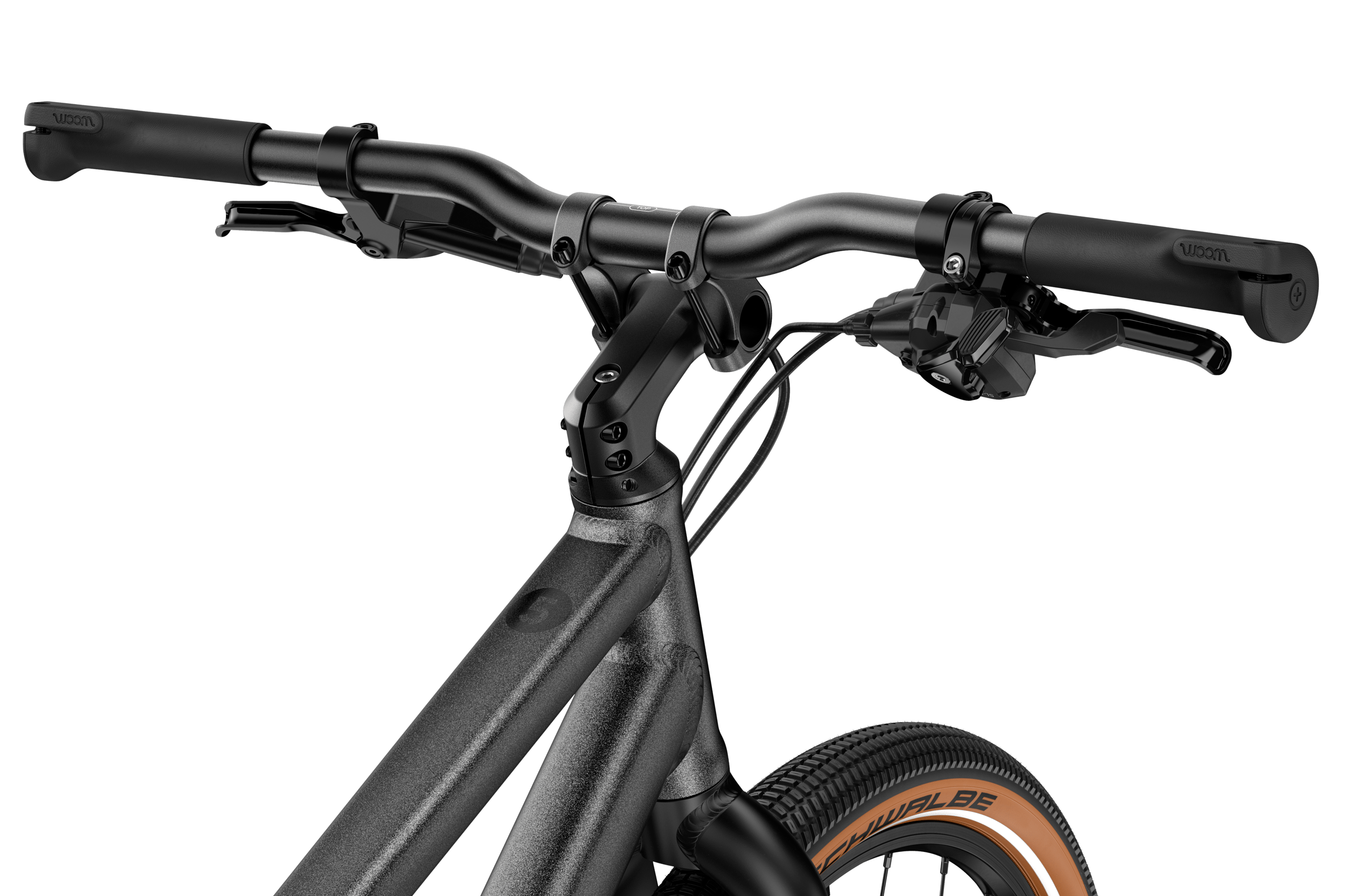 Detailansicht des schlichten, schwarzen Lenkers am woom EXPLORE e E-Bike.