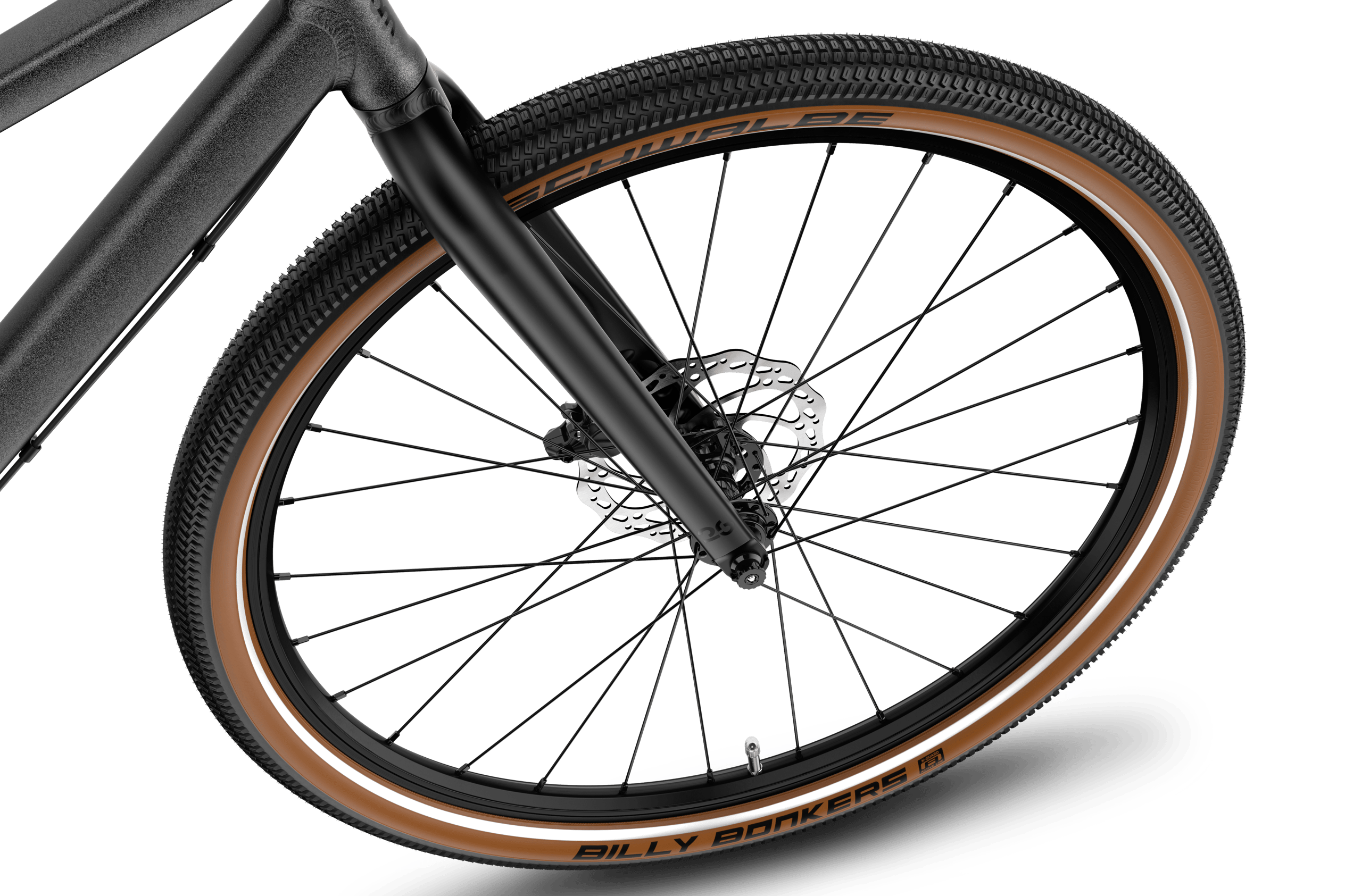 Detailansicht des 26-Zoll-Vorderrads am woom EXPLORE e 6 E-Bike.