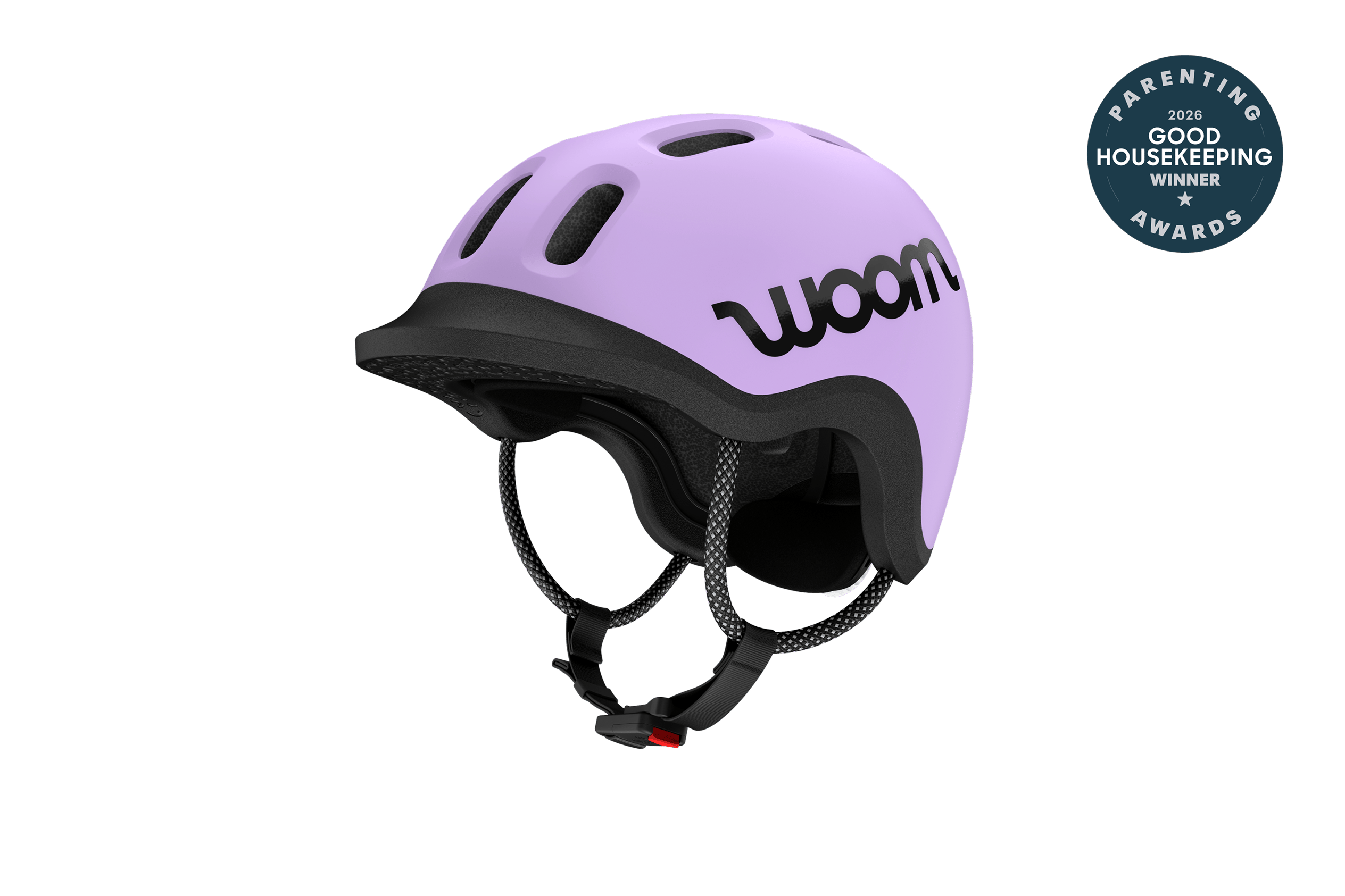 Profile view of a red READY kids' bike helmet with the low helmet shell, black logo and protective visor
