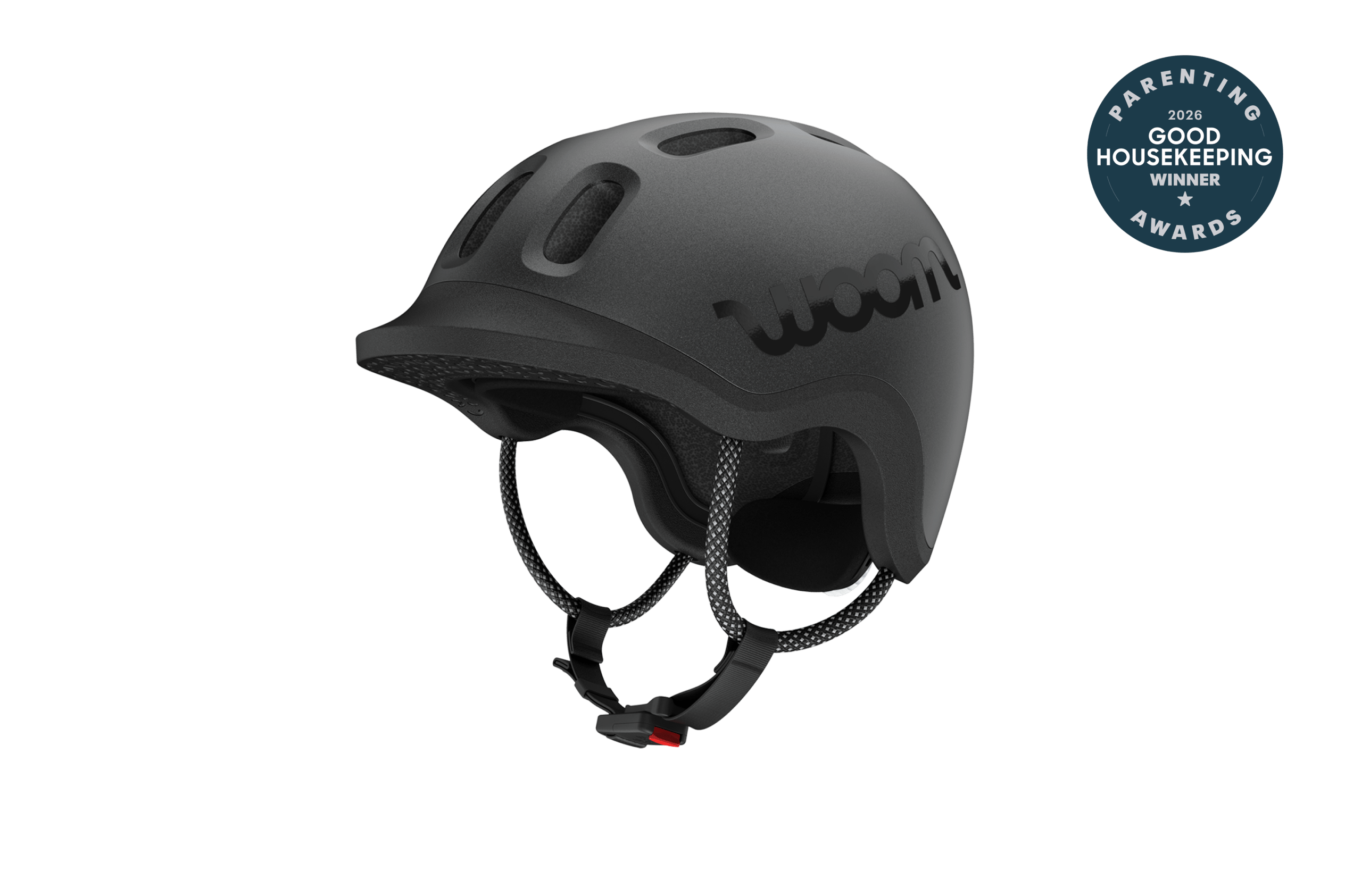 Profile view of a red READY kids' bike helmet with the low helmet shell, black logo and protective visor