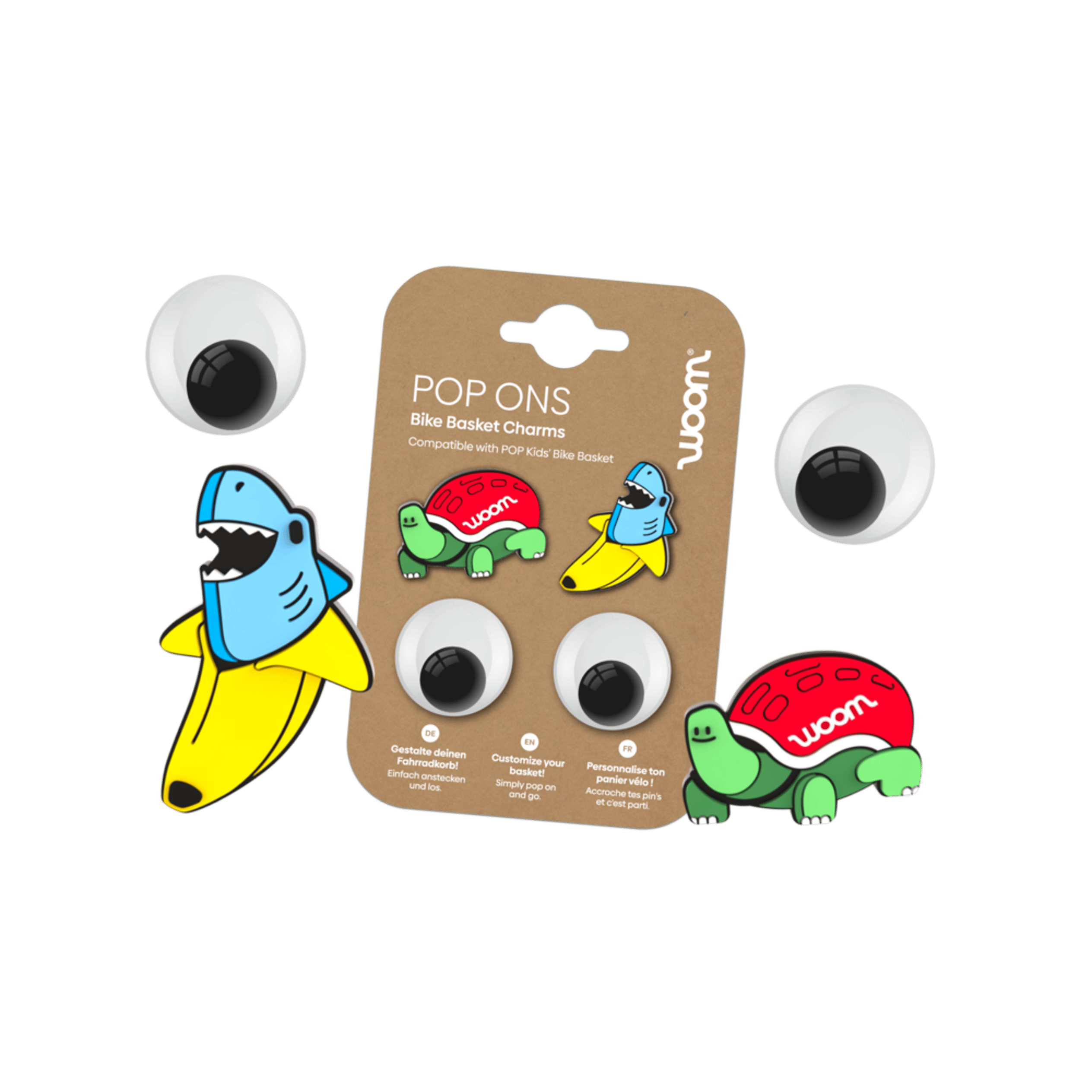 Product image of the POP ONS Bike Basket Charms in the safari set and a black-and-yellow stripey panda with wings