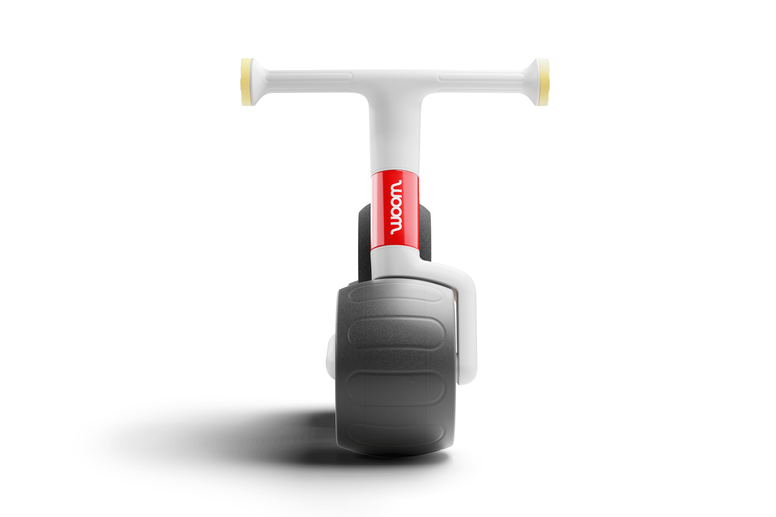 Front view of the woom WOW, showing tire & profile, woom logo and front of handlebars with grip ends in a contrasting color.
