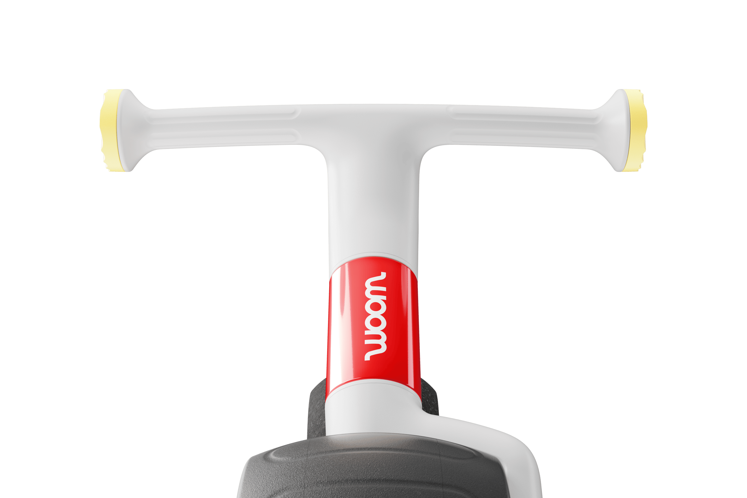 Front view focusing on woom WOW handlebars with contrasting grip ends, white woom logo on front & tires with indentations.