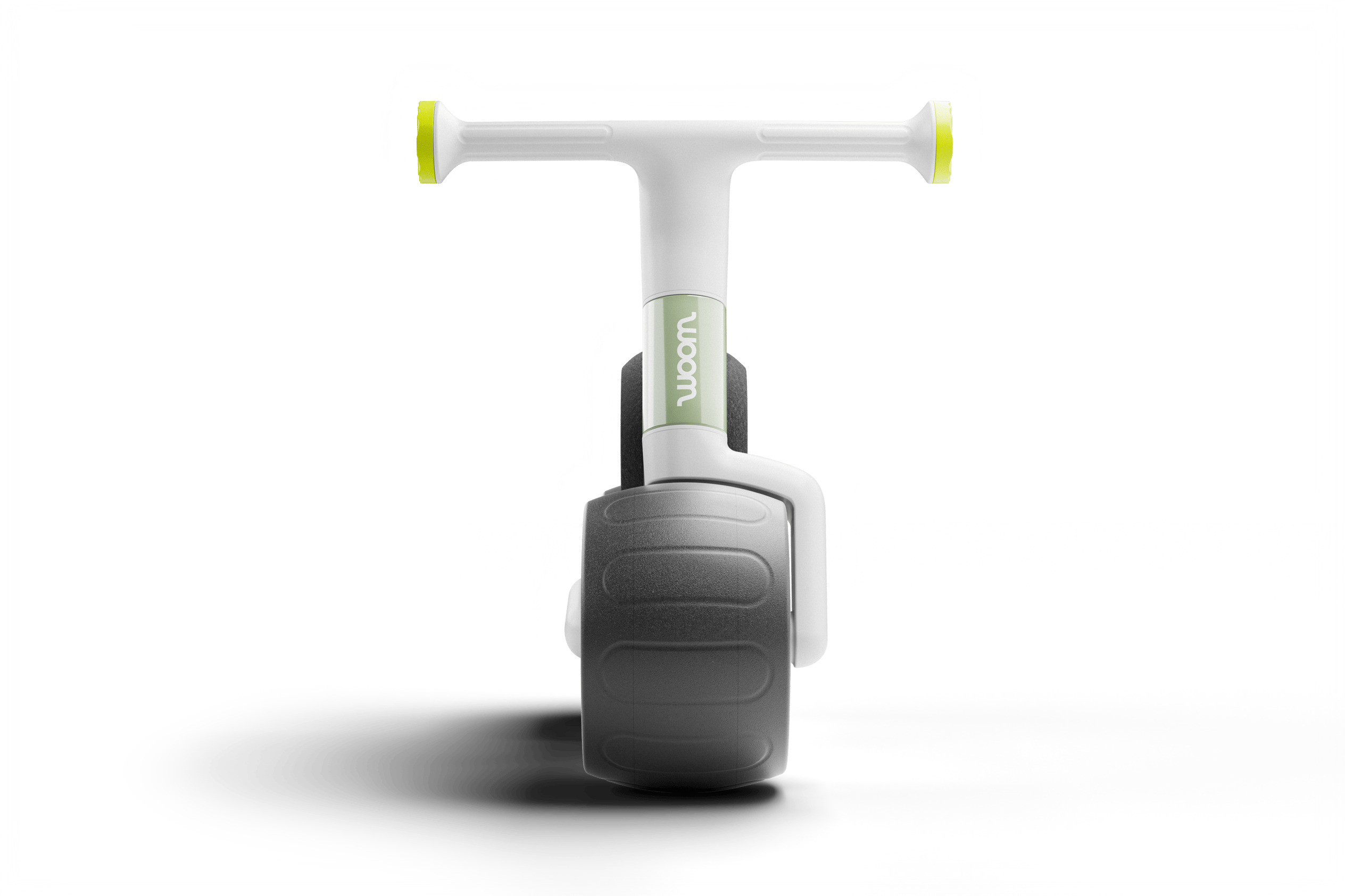 Front view of the woom WOW, showing tire & profile, woom logo and front of handlebars with grip ends in a contrasting color.