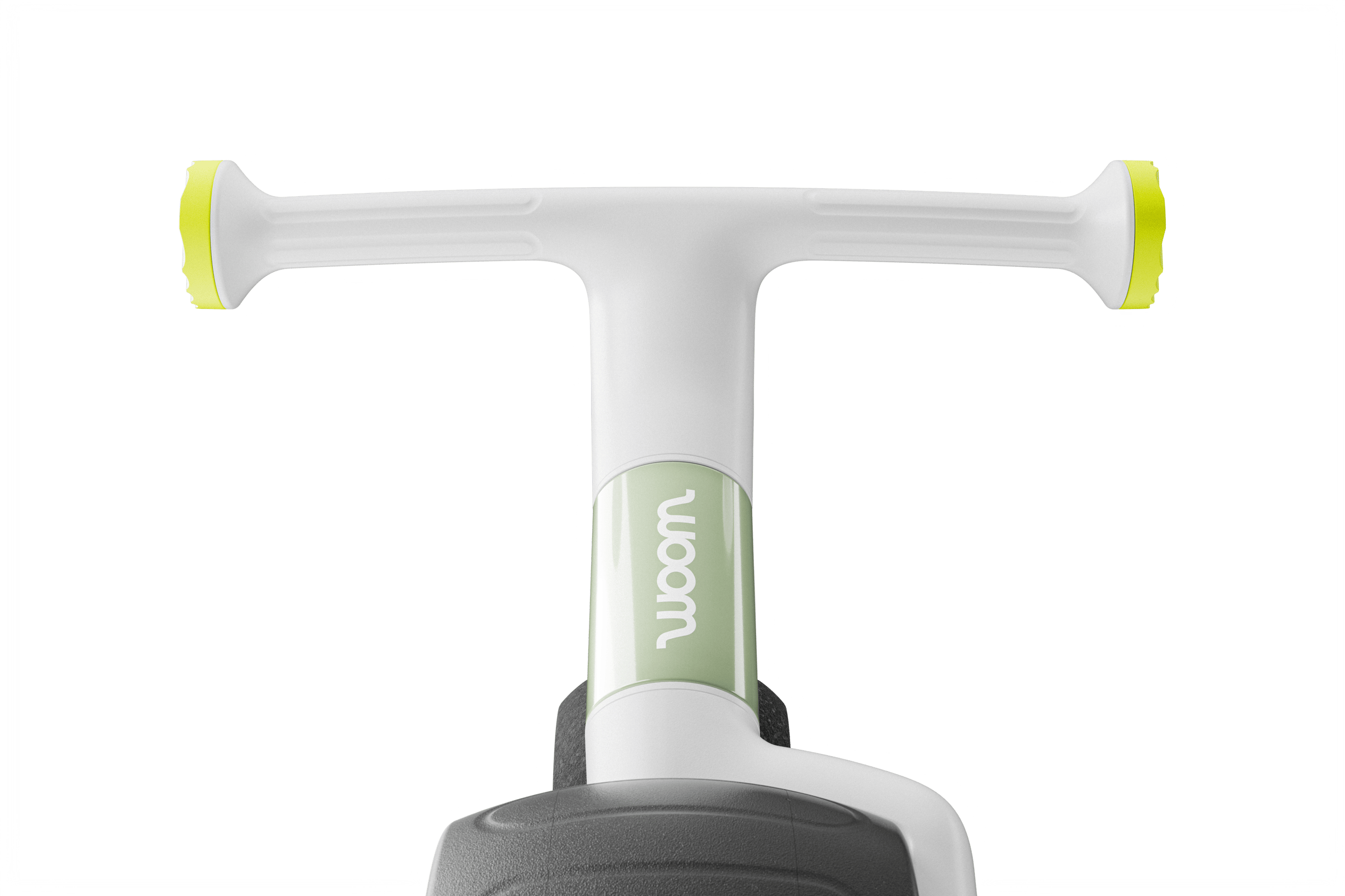 Front view focusing on woom WOW handlebars with contrasting grip ends, white woom logo on front & tires with indentations.