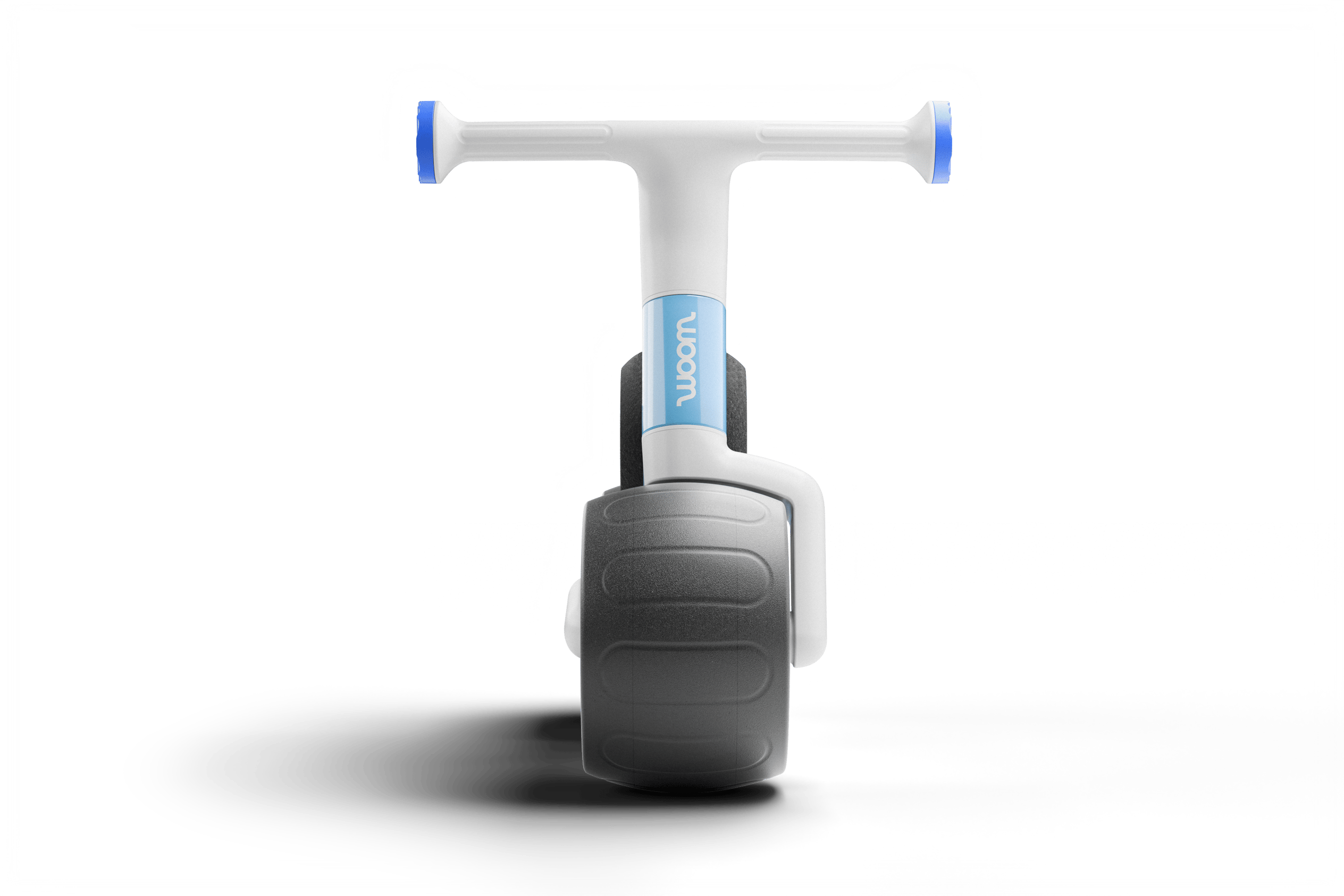 Front view of the woom WOW, showing tire & profile, woom logo and front of handlebars with grip ends in a contrasting color.