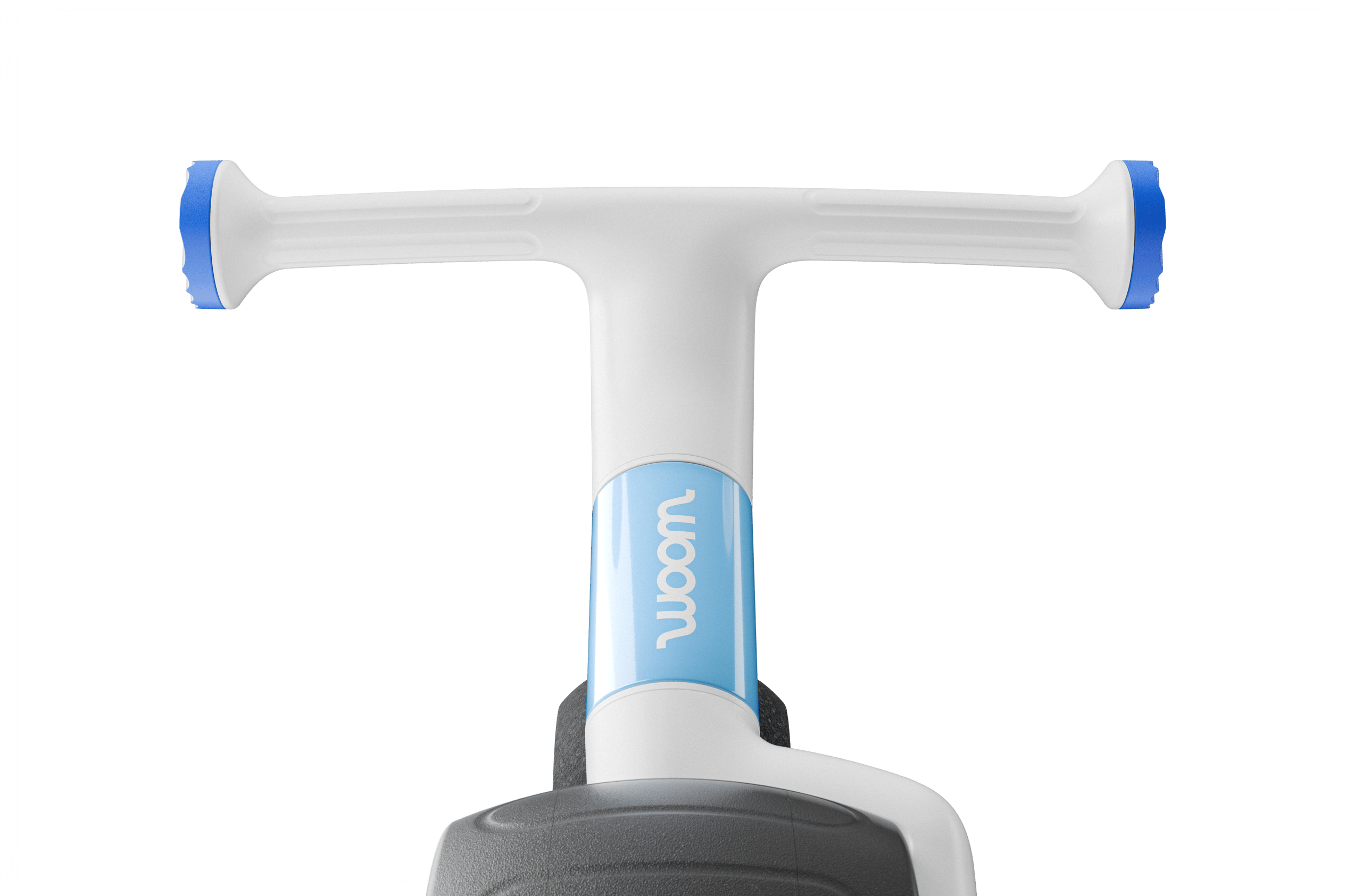 Front view focusing on woom WOW handlebars with contrasting grip ends, white woom logo on front & tires with indentations.