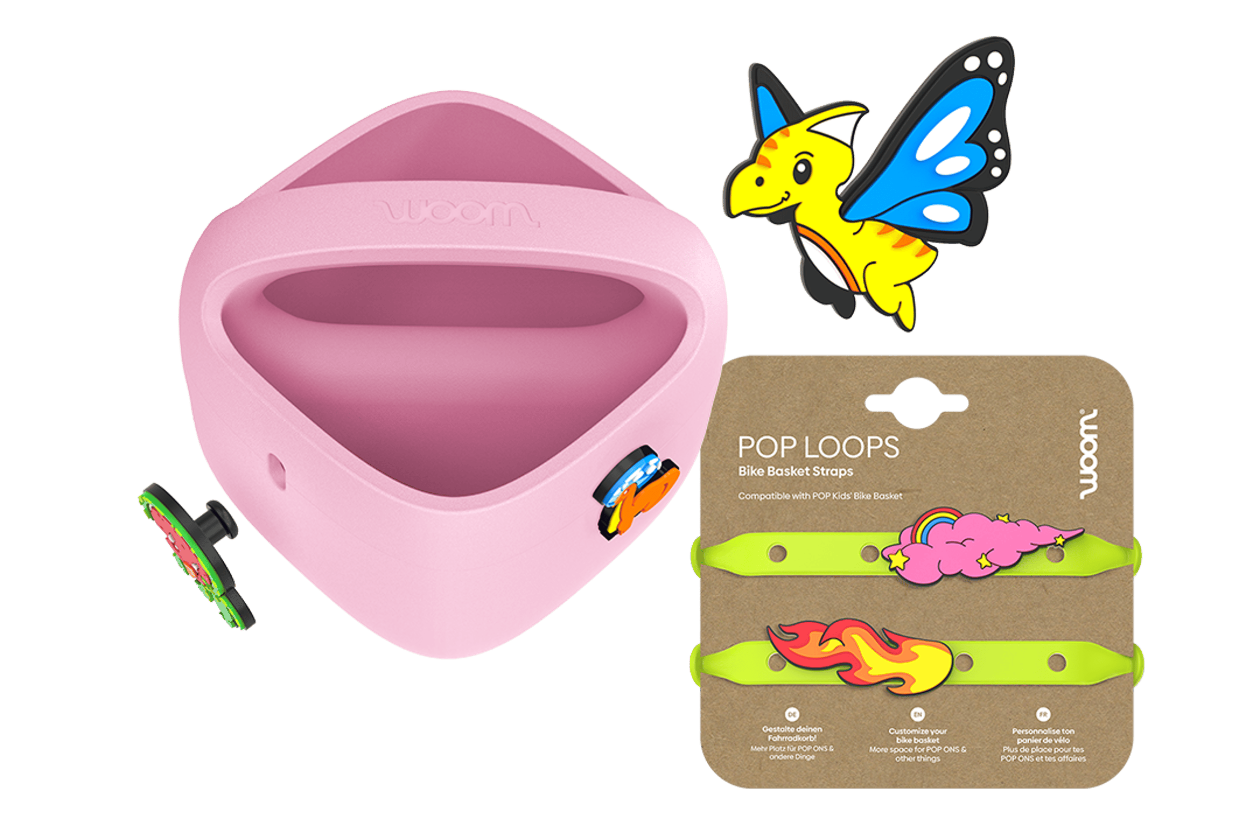 Purple woom POP Kids' Bike Basket with POP ONS plus neon-green POP LOOPS on card and a new flying dino charm