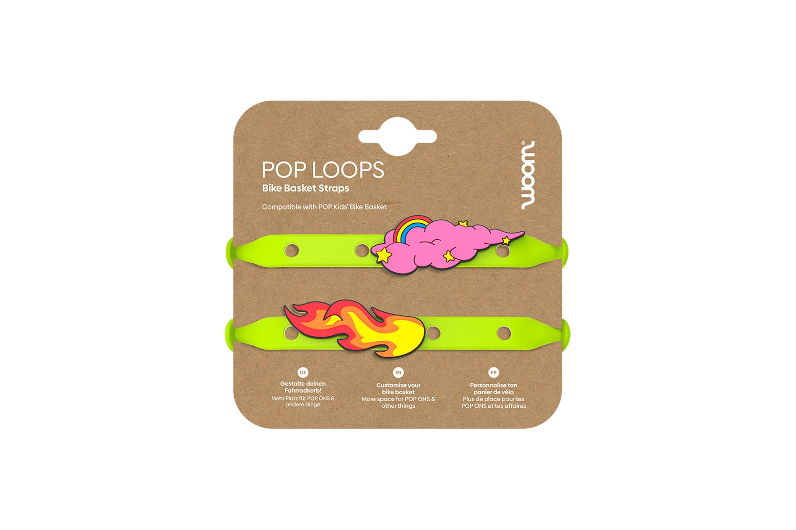 Zwei woom POP LOOPS Bike-Basket Straps in Neon-Grün auf Karton, verziert mit einem Pinken Wolken- und einem Flammen POP ON.