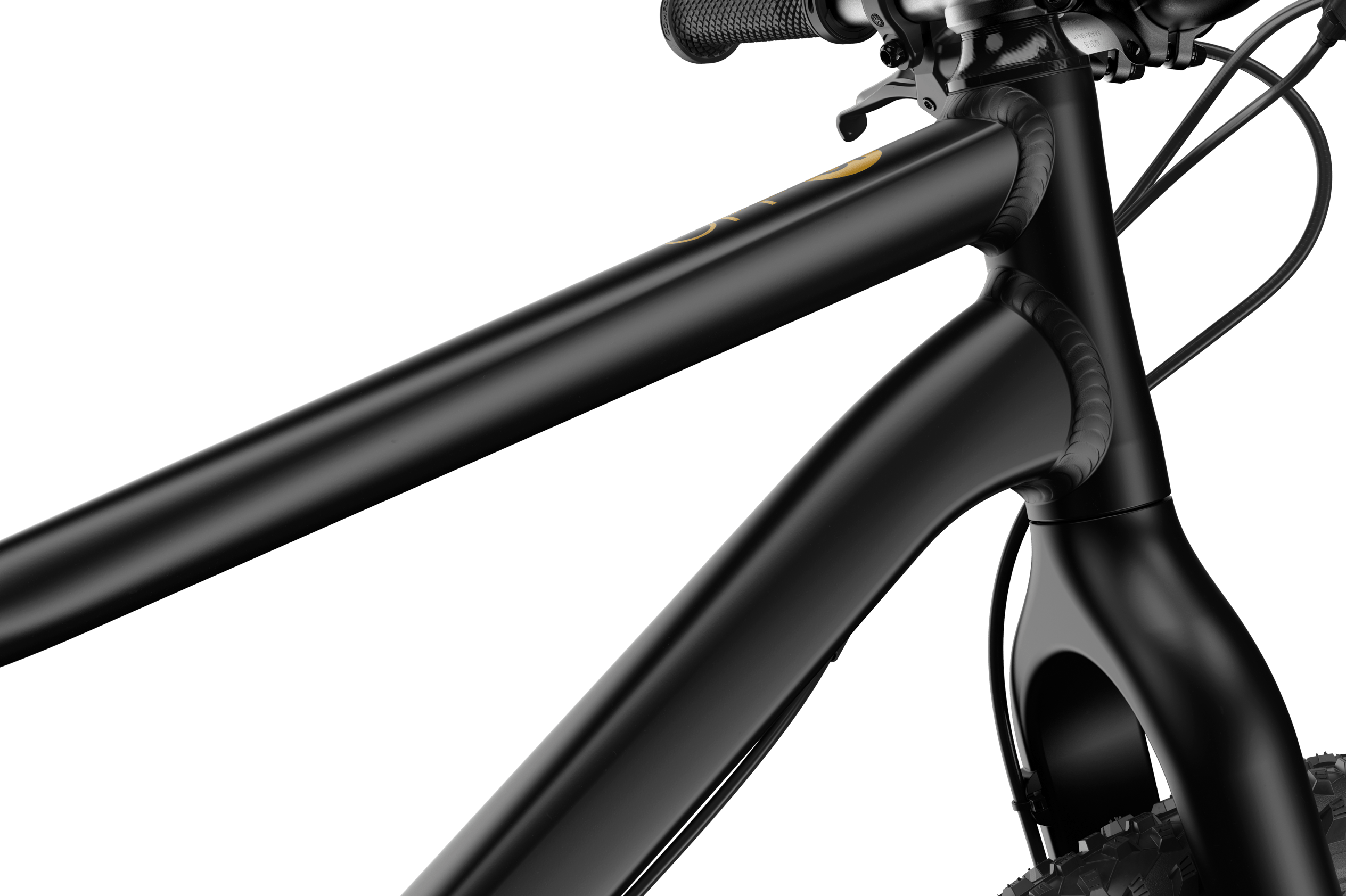 Black frame of OFF 5 (newest edition) bike with gold woom logo