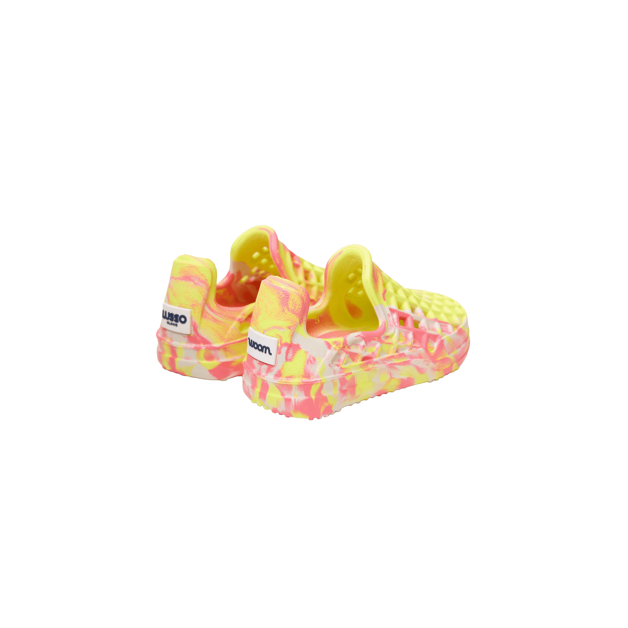 Back view of Lusso Cloud shoe in swirled neon pink and neon lime colors