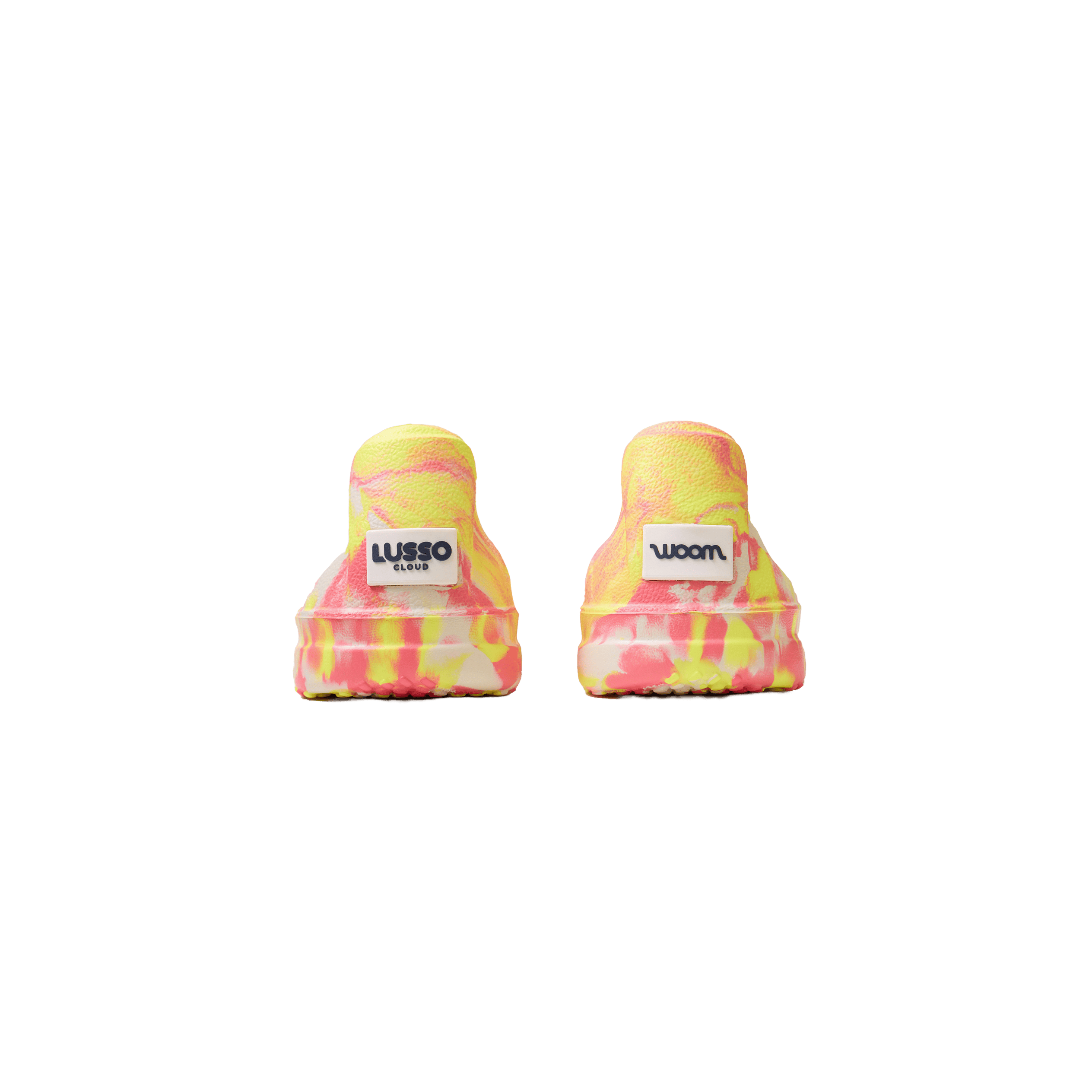 Front view of Lusso Cloud shoe in swirled neon pink and neon lime colors