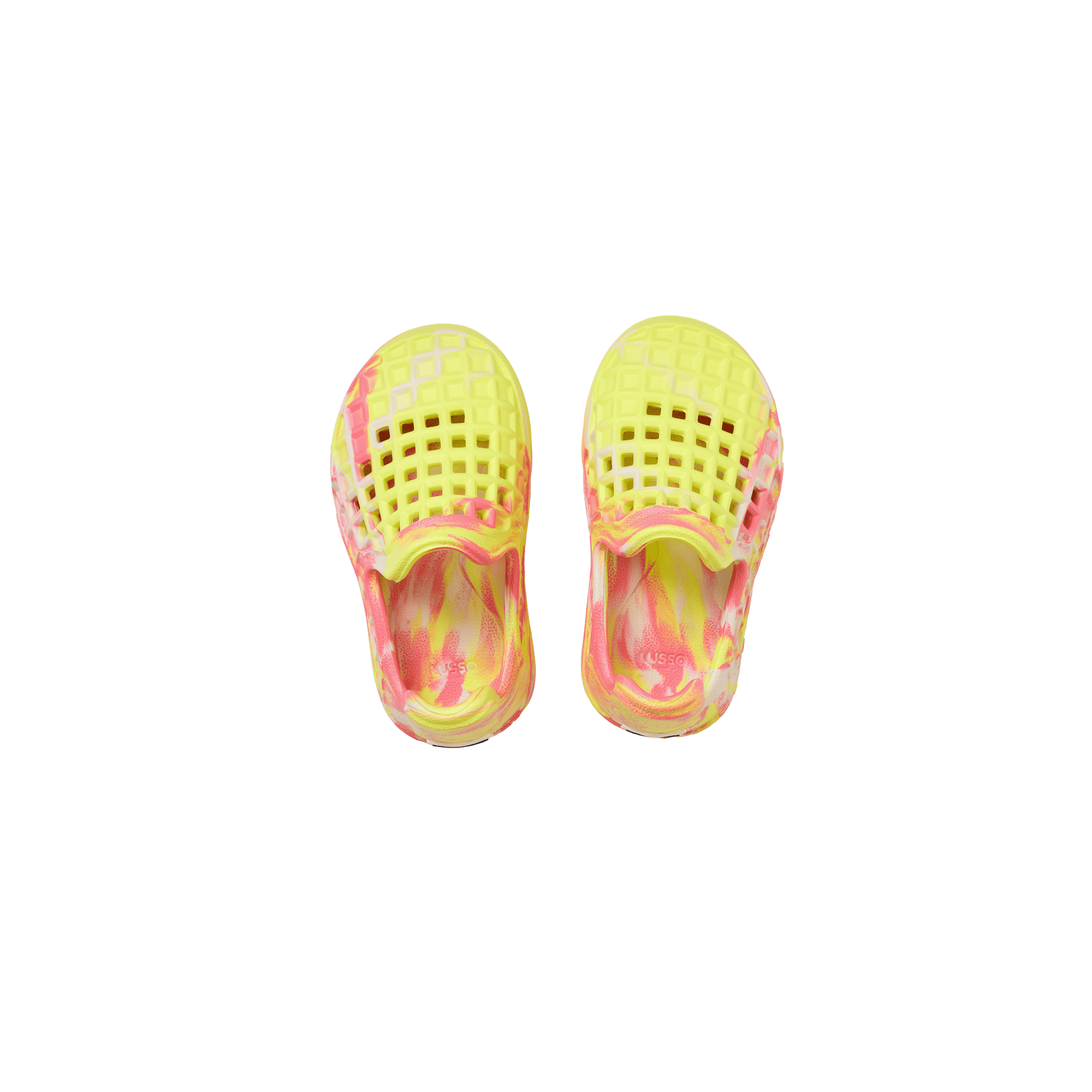Top view of Lusso Cloud shoe in swirled neon pink and neon lime colors