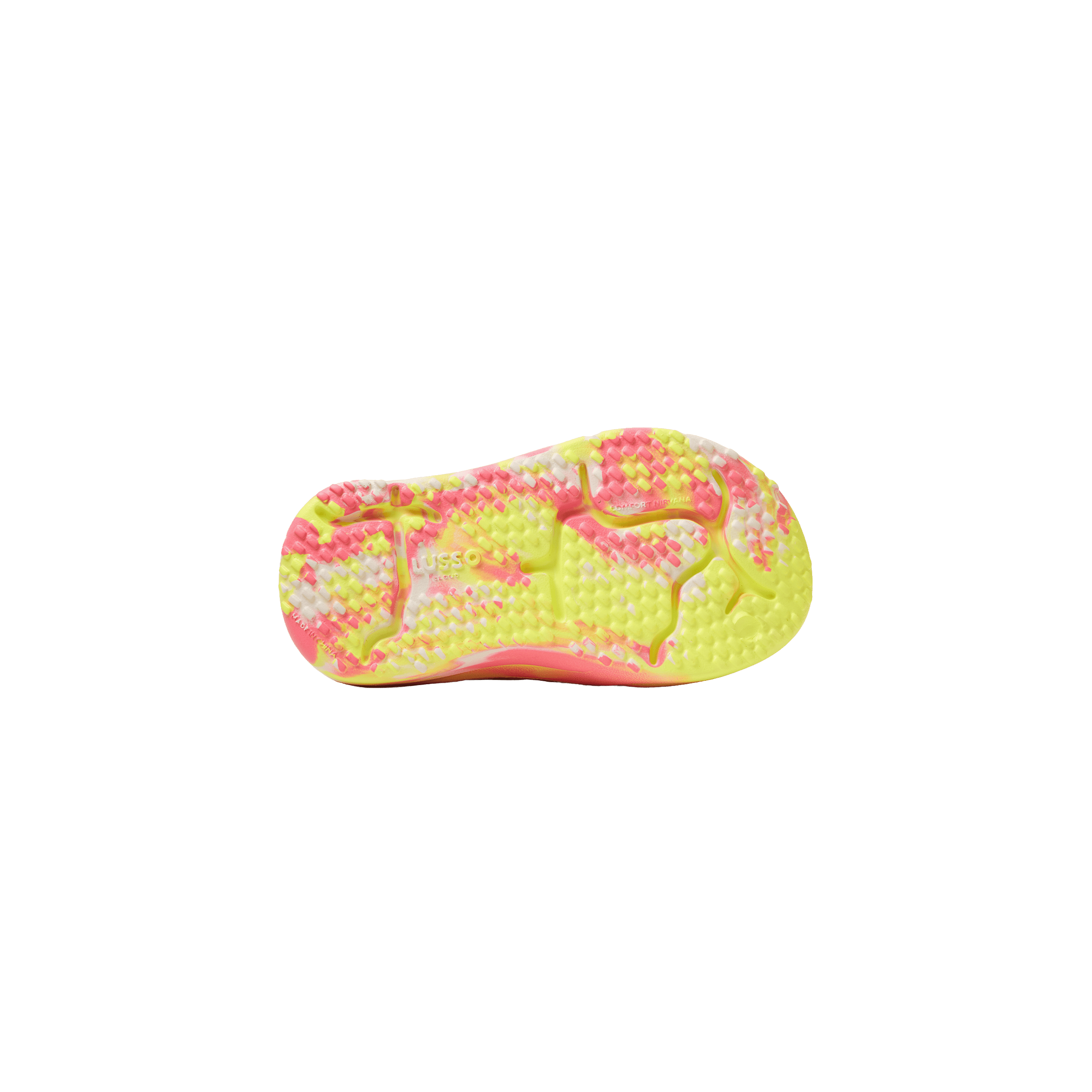 Bottom view of Lusso Cloud shoe in swirled neon pink and neon lime colors