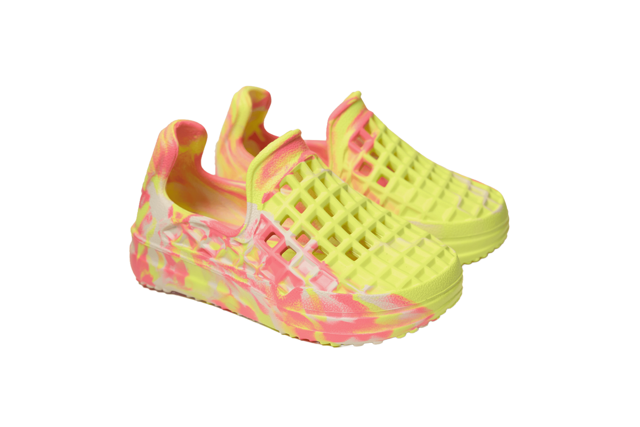 Perspective view of Lusso Cloud shoe in swirled neon pink and neon lime colors