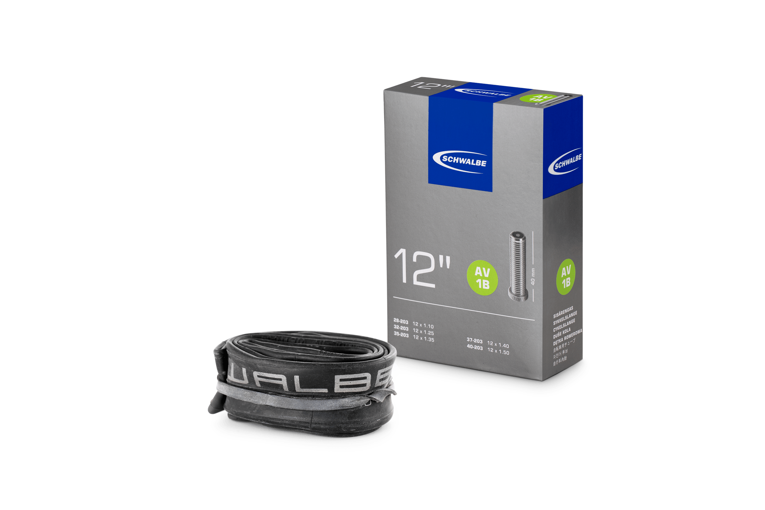 Schwarzer aufgerollter Fahrradschlauch links, graue Kartonverpackung der Marke Schwalbe rechts
