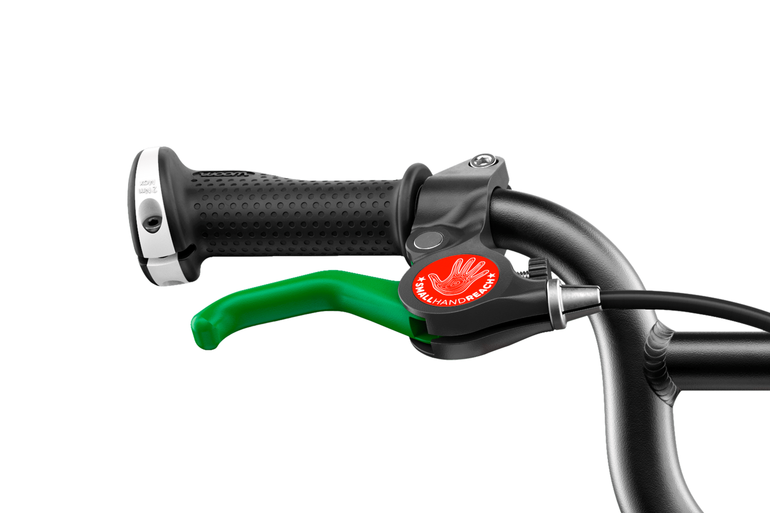 Detailed view of the green brake lever on the woom ORIGINAL 1 PLUS balance bike with 14″ wheels.