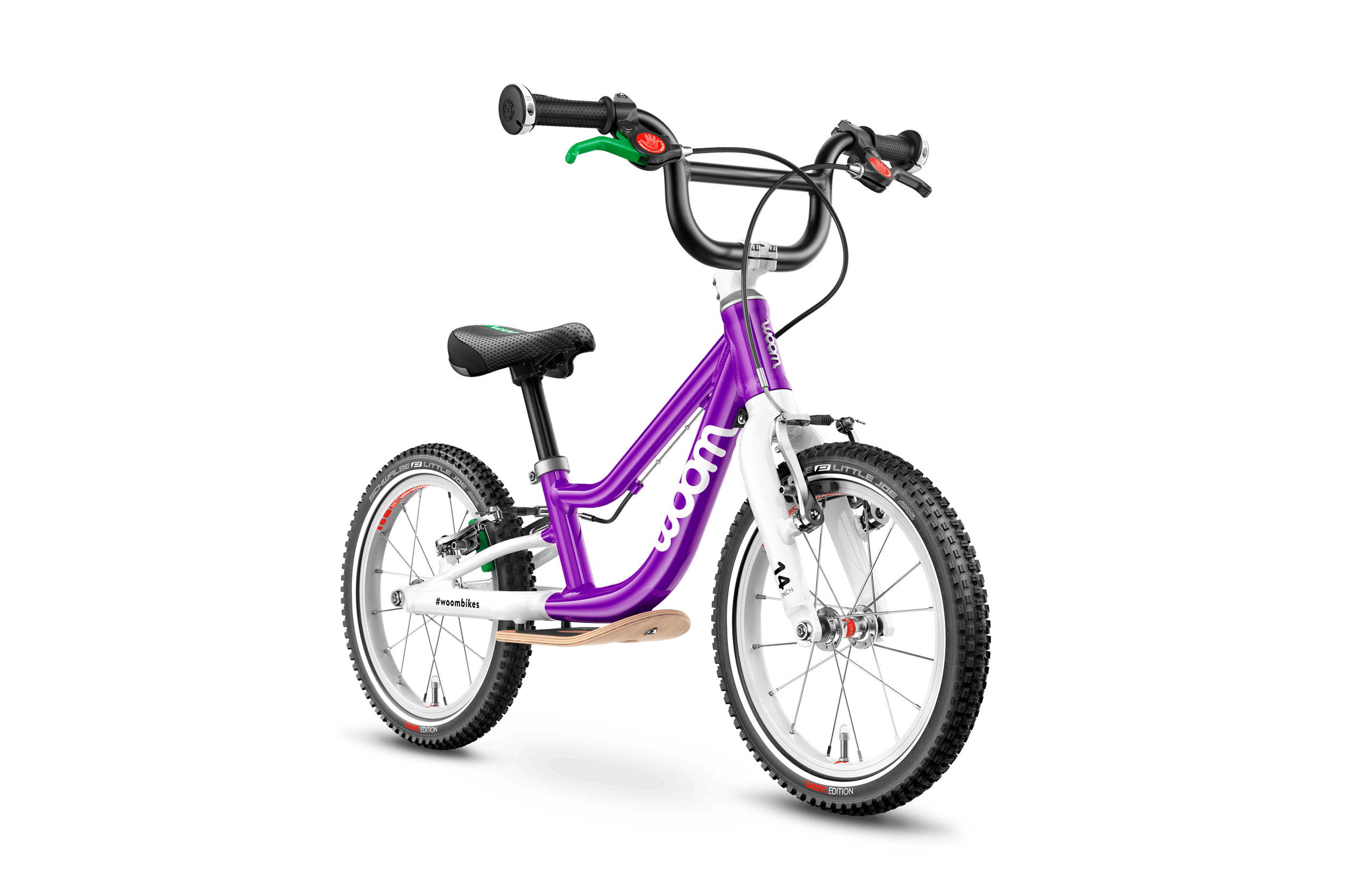 Side front view of the woom ORIGINAL 1 PLUS balance bike for children aged 3 years and up.