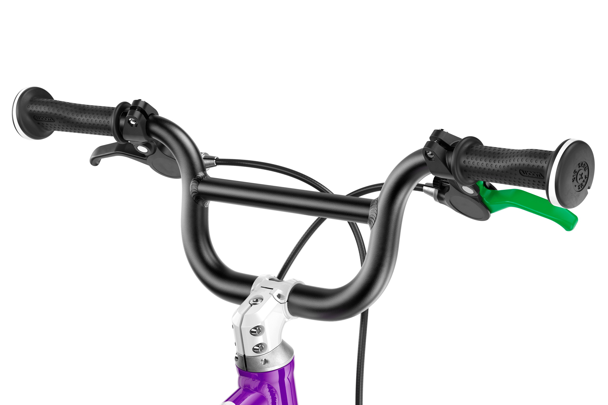 Detailed view of the stem, BMX handlebars and grips on the woom ORIGINAL 1 PLUS balance bike.