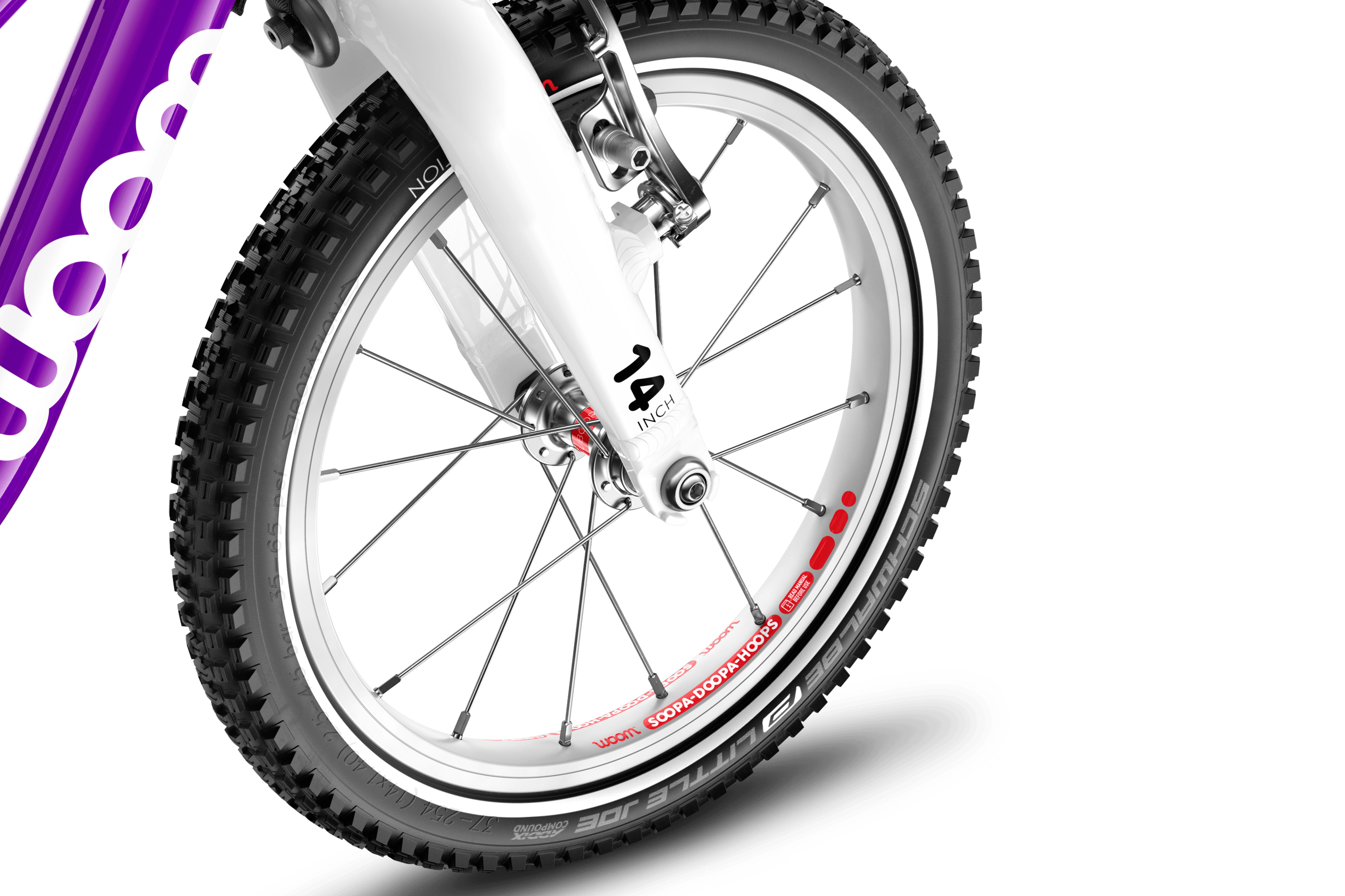 Detailed view of the front wheel on the woom ORIGINAL 1 PLUS balance bike with 14″ wheels.