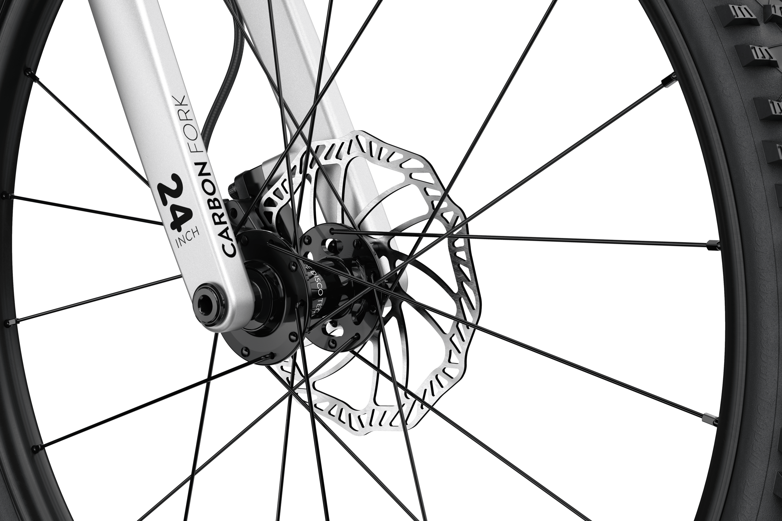 Detailansicht der Carbon-Gabel am woom OFF 5 Kinder-Mountainbike.