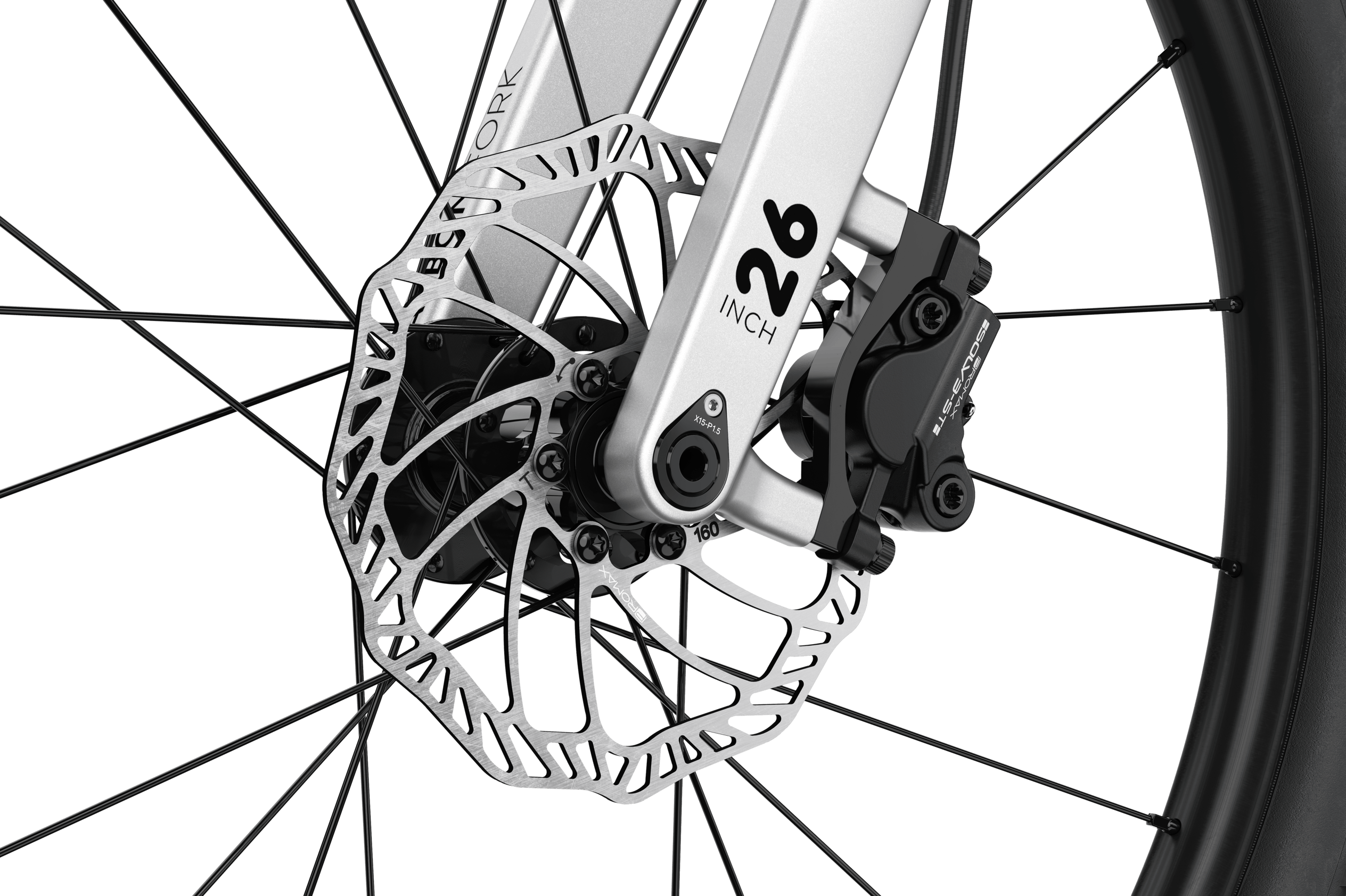 Detailed view of the front disc brake on the woom OFF 6 children's mountain bike.