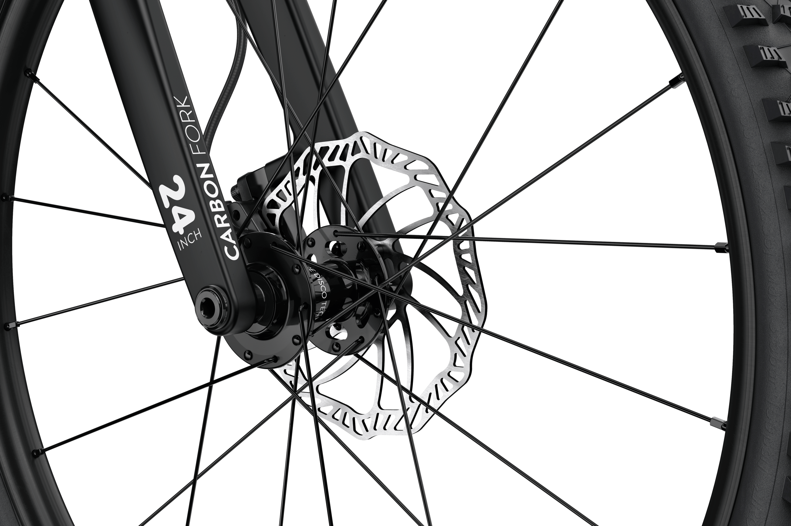 Detailansicht der Carbon-Gabel am woom OFF 4 Kinder-Mountainbike.