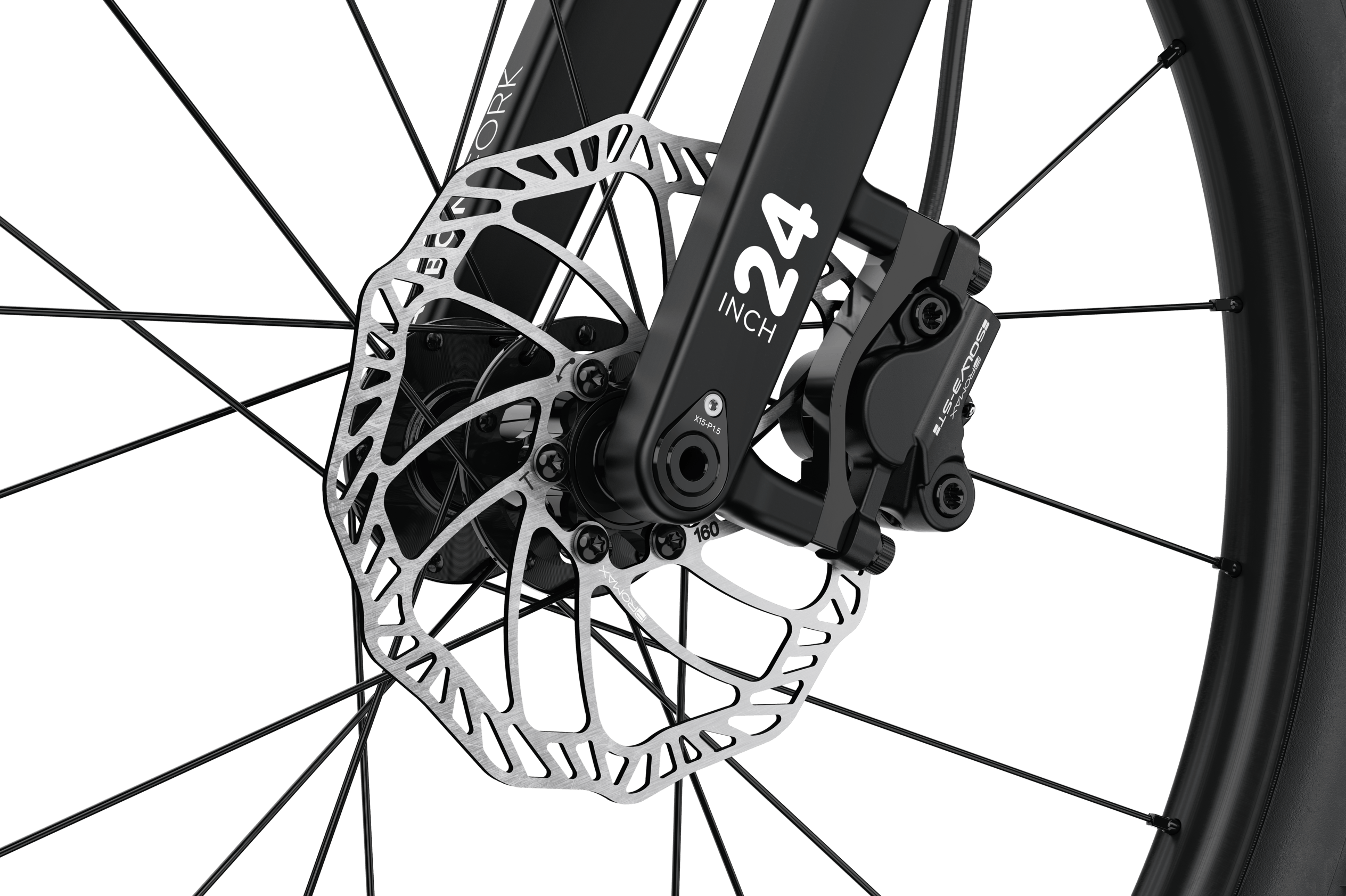 Detailed view of the front disc brake on the woom OFF 5 children's mountain bike.