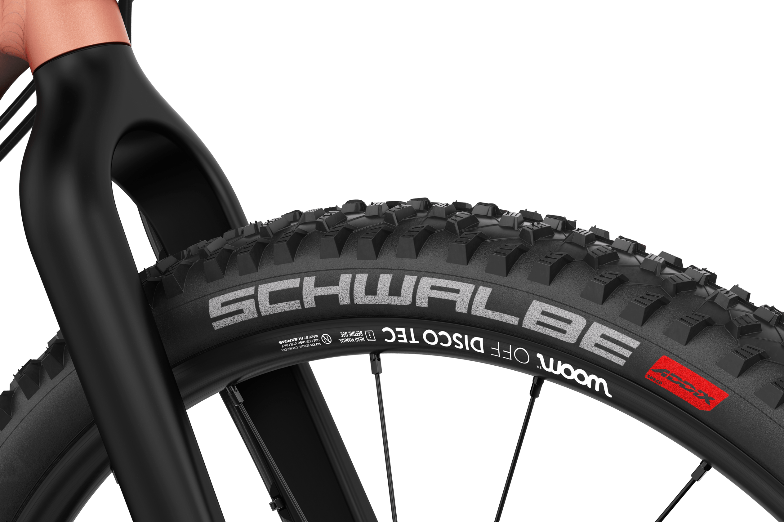 Detailed view of the front Schwalbe mountain bike tire on the woom OFF 5 children's mountain bike.