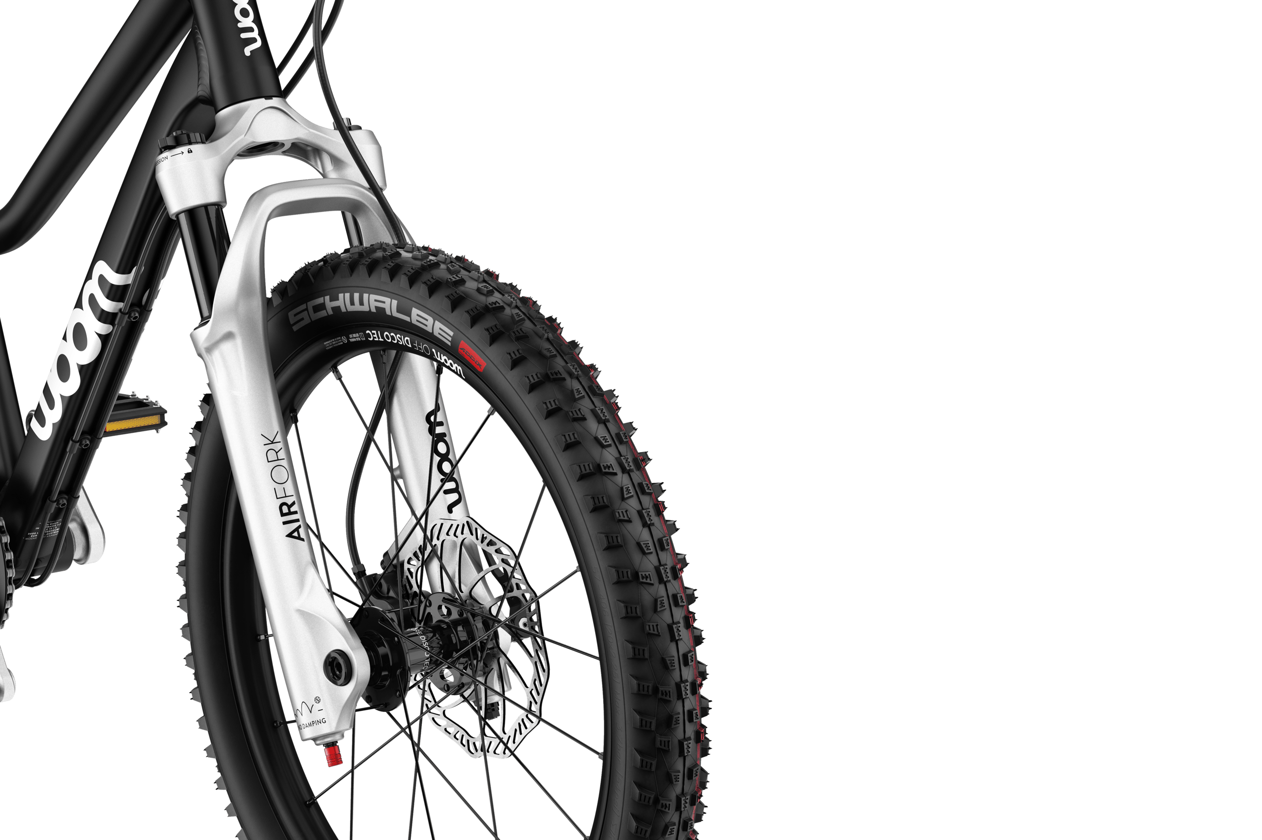 Detailansicht der Luftfedergabel am woom OFF AIR 4 Kinder-Mountainbike.