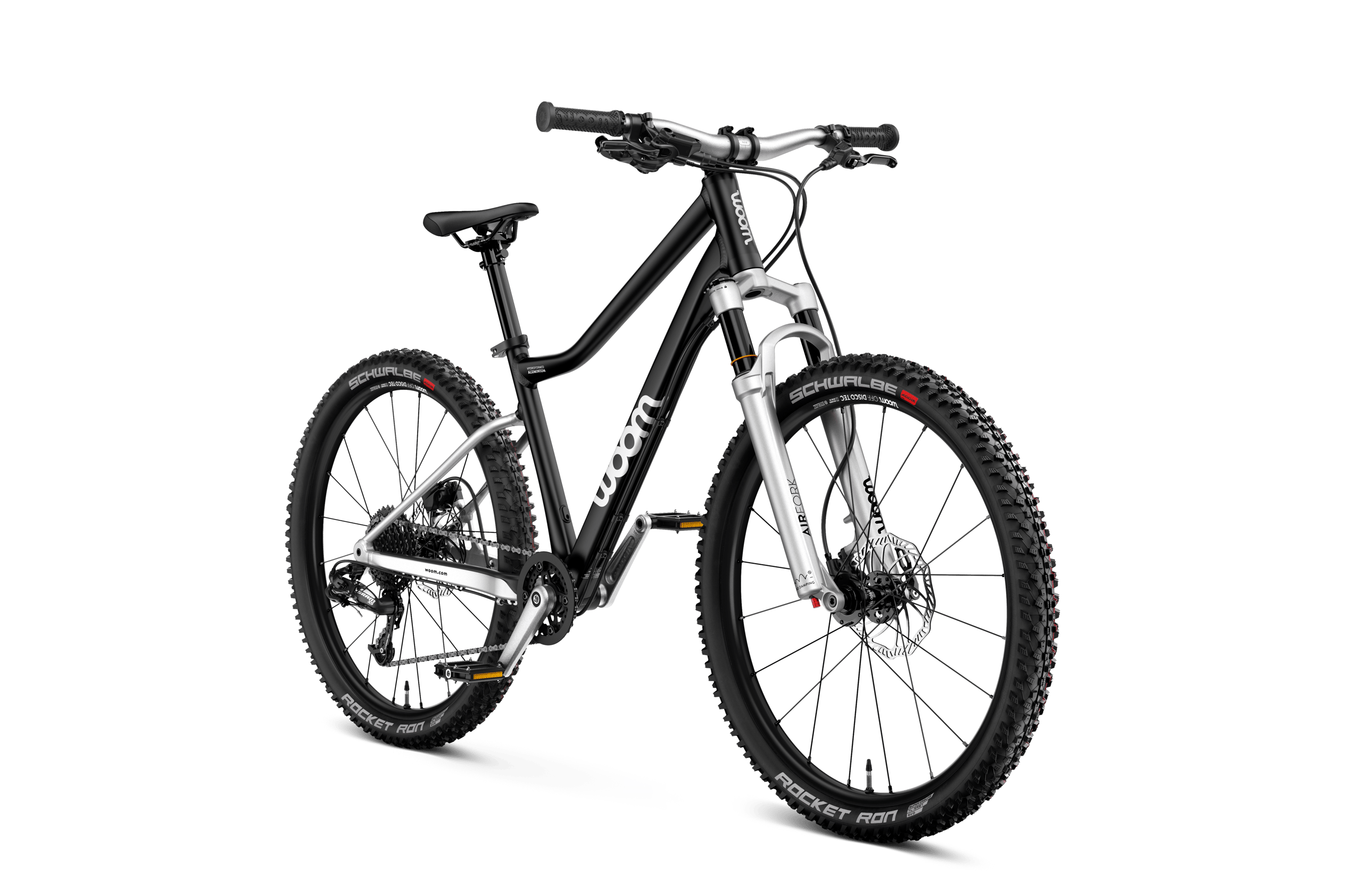 Seitliche Frontansicht des woom OFF AIR 5 Mountainbikes für Kinder ab sieben Jahren.