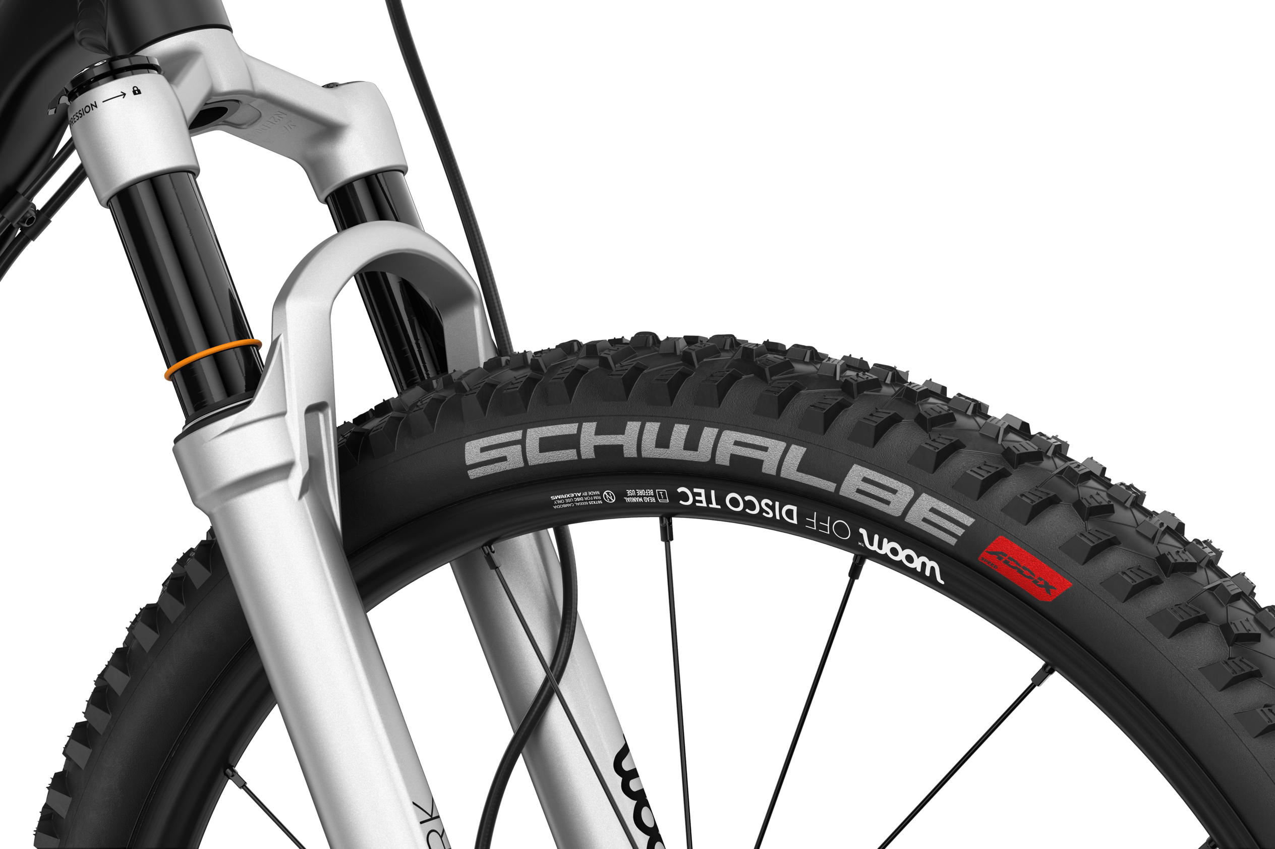 Vue détaillée du pneu VTT Schwalbe à l’avant du VTT enfant woom OFF AIR 6.