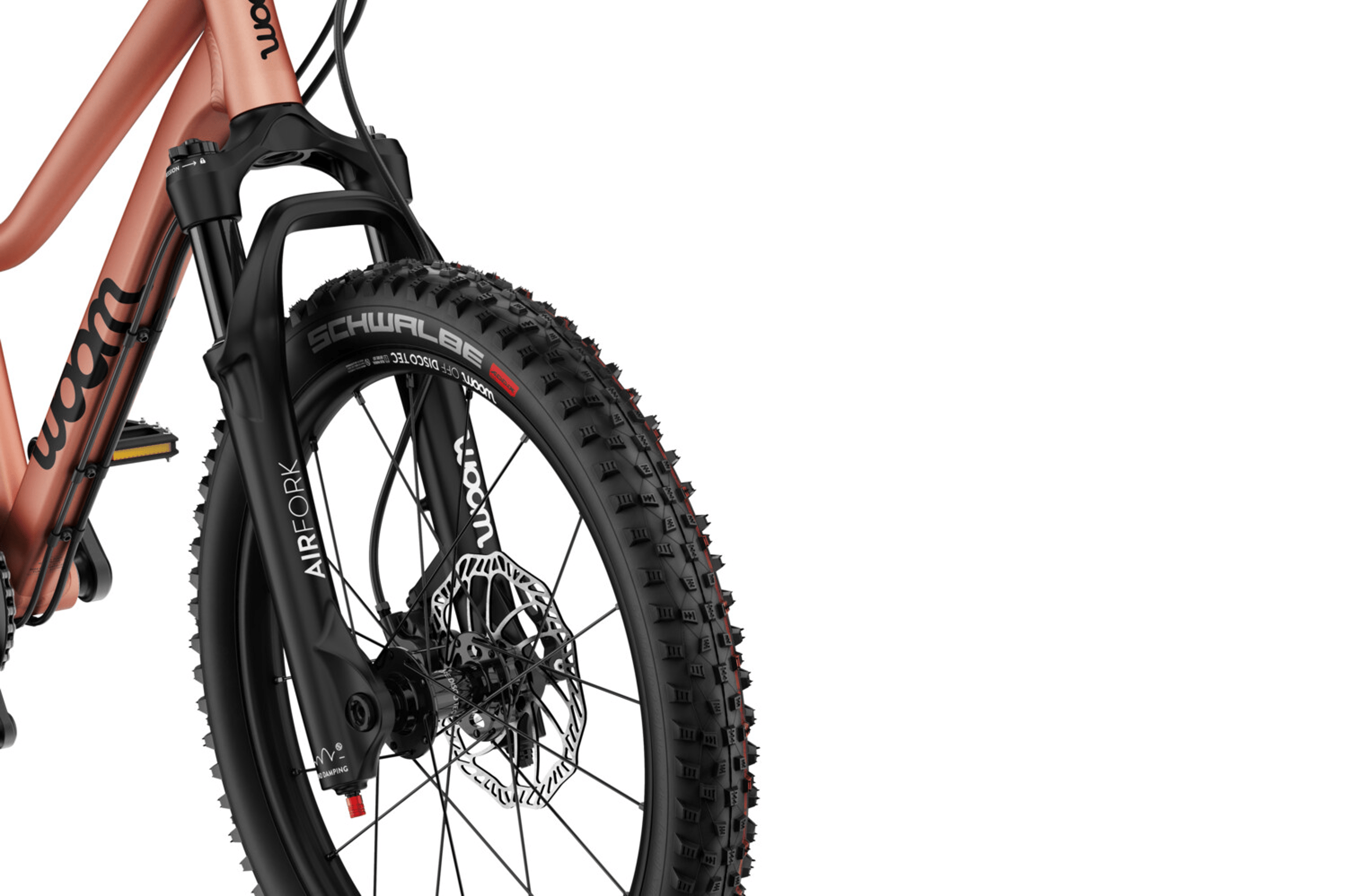 Detailansicht der Luftfedergabel am woom OFF AIR 4 Kinder-Mountainbike.