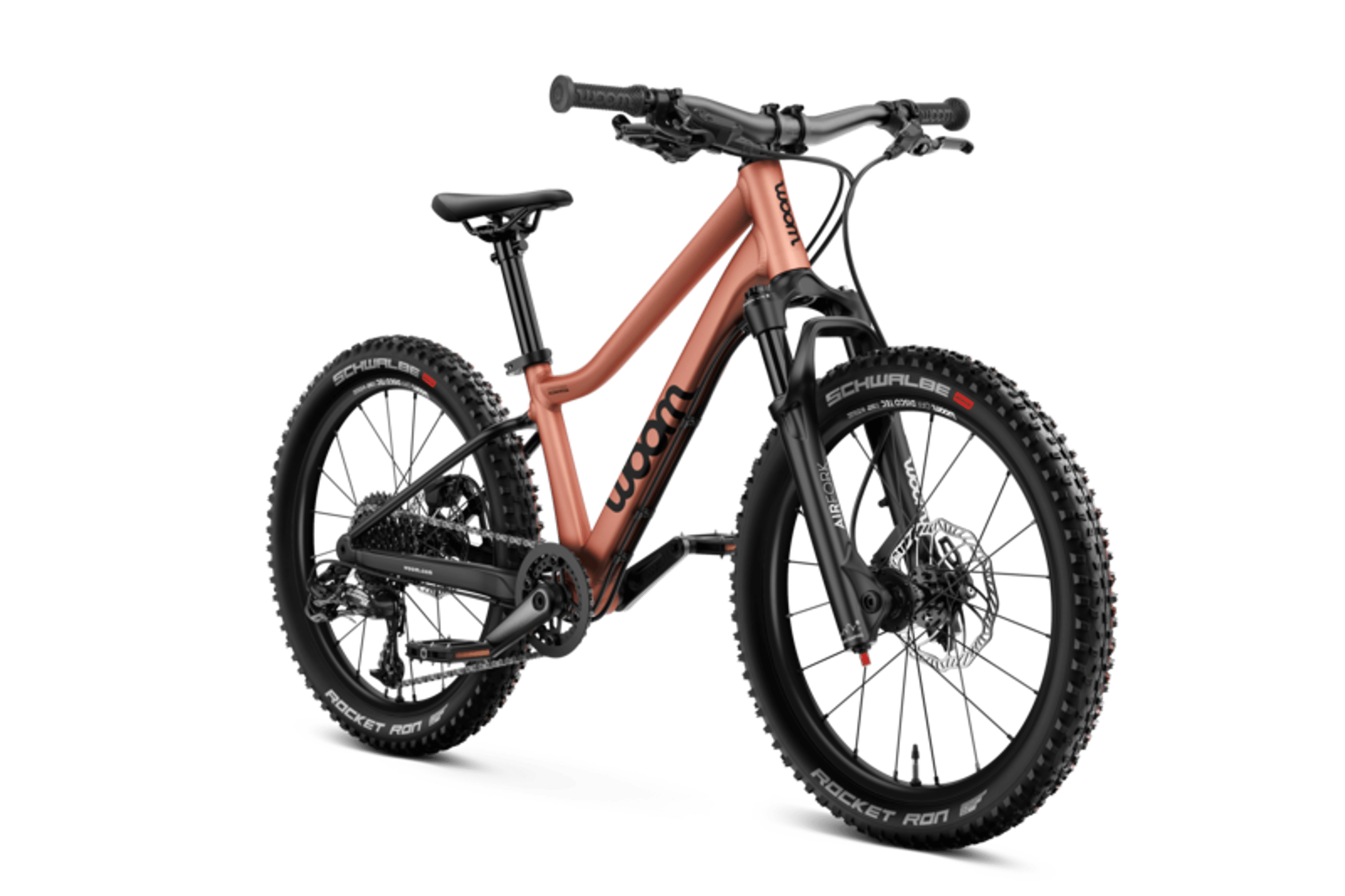 Side front view of the woom OFF AIR 4 mountain bike for children aged 6 years and up.