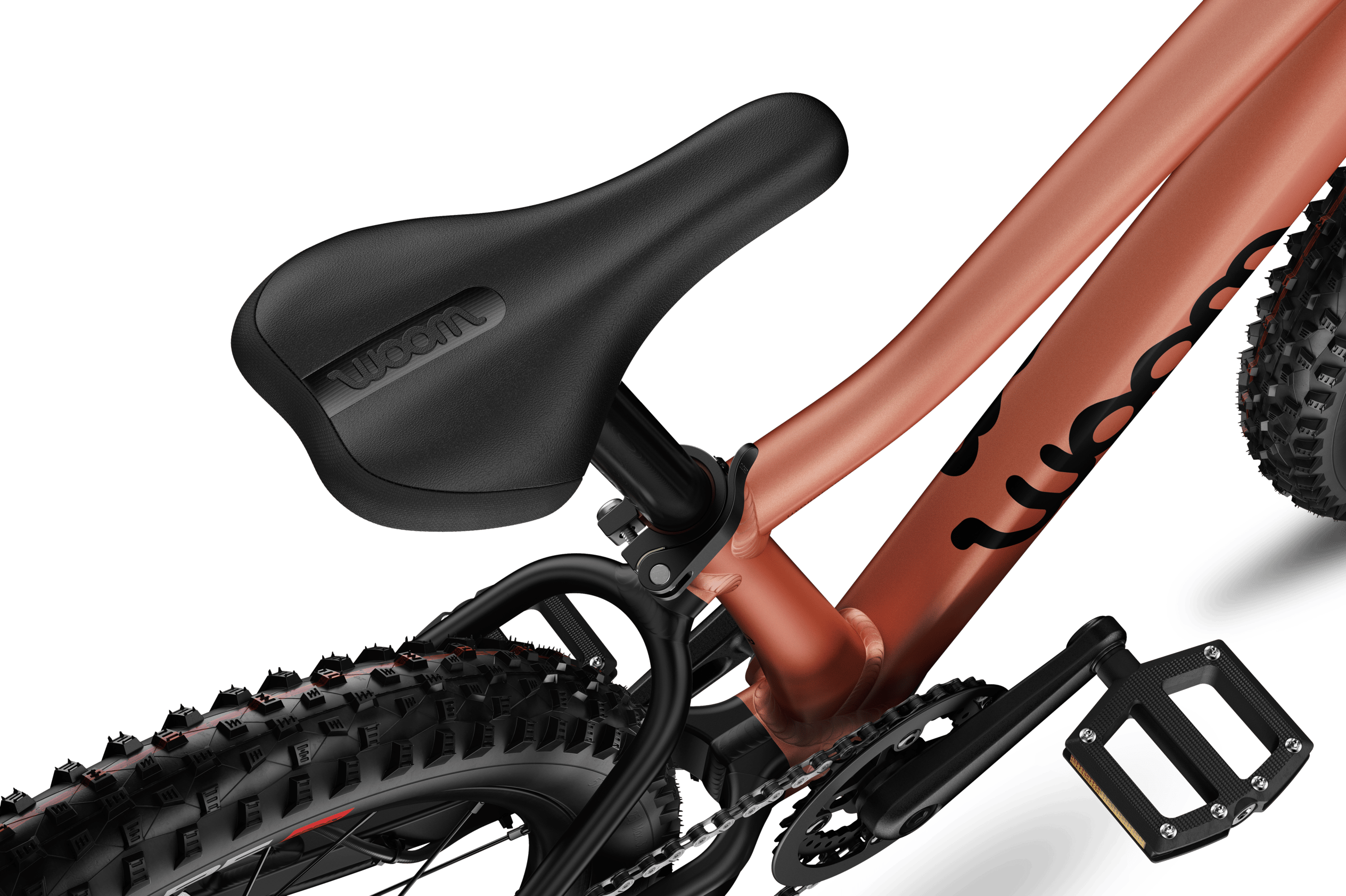 Detailed view of the saddle on the woom OFF AIR 4 children's mountain bike.