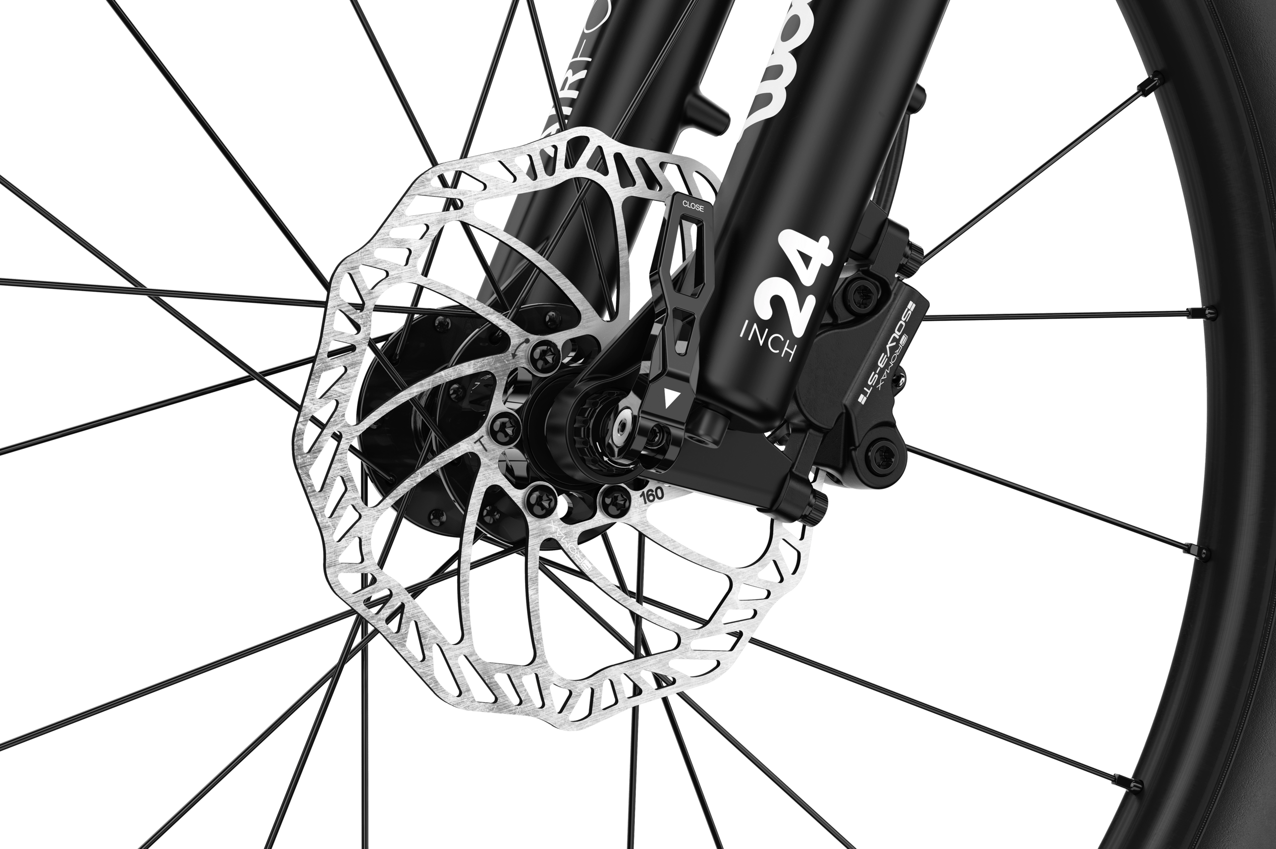 Detailed view of the front disc brake on the woom OFF AIR 5 children's mountain bike.