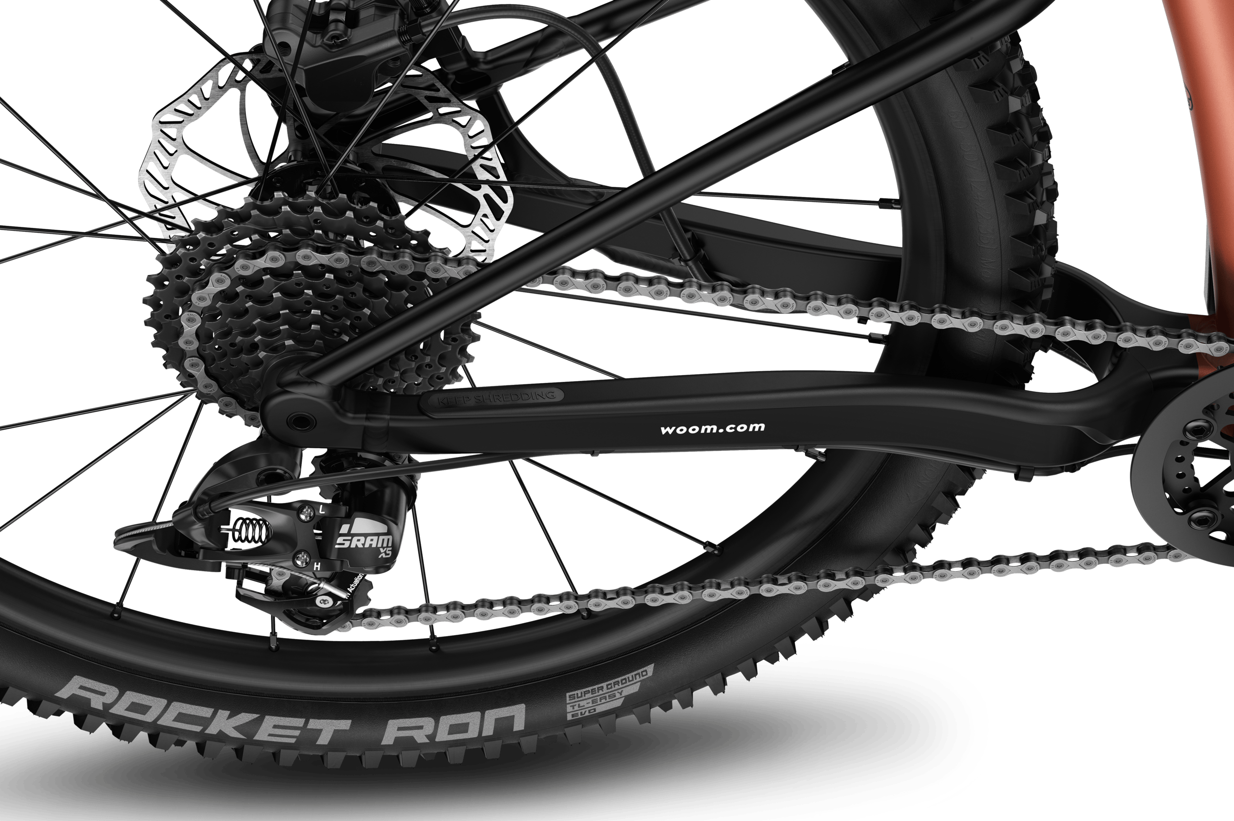 Szczegółowy widok przerzutki tylnej SRAM X5 w dziecięcym rowerze górskim woom OFF AIR 6.