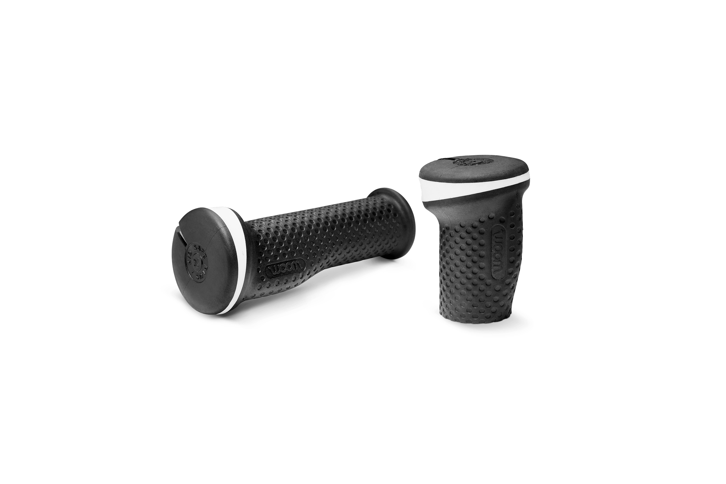 Two black handlebar grips with white stripes around the oversized ends