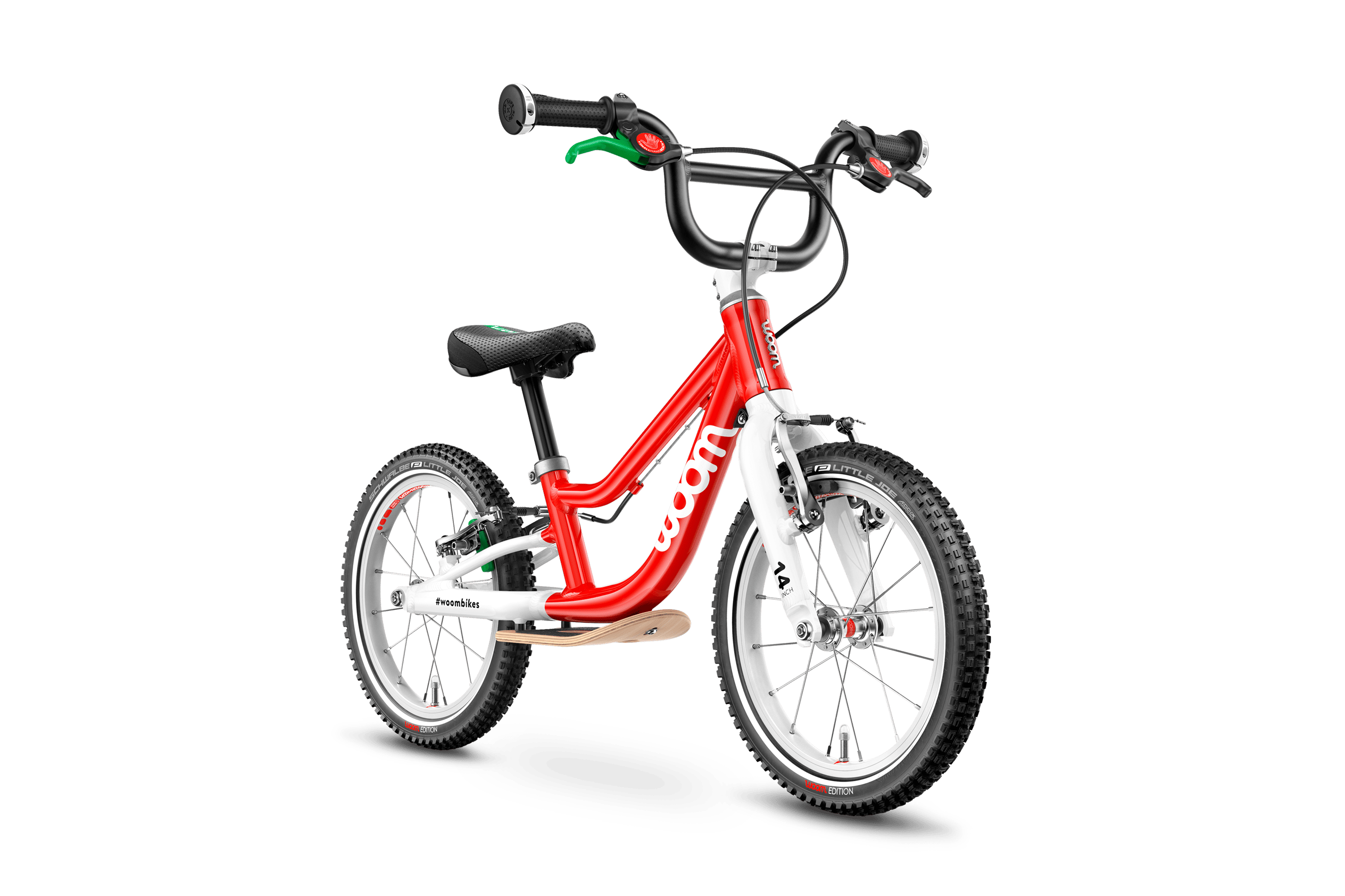 Side front view of the woom ORIGINAL 1 PLUS balance bike for children aged 3 years and up.