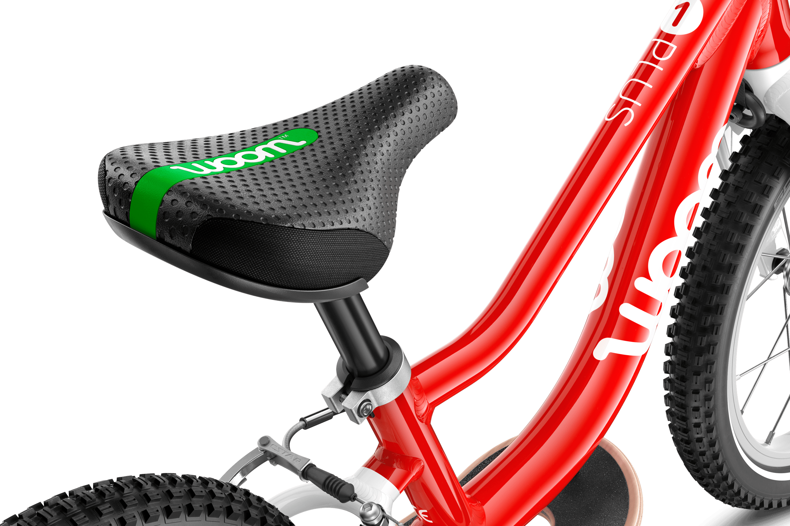 Detailed view of the curved saddle on the woom ORIGINAL 1 PLUS balance bike.