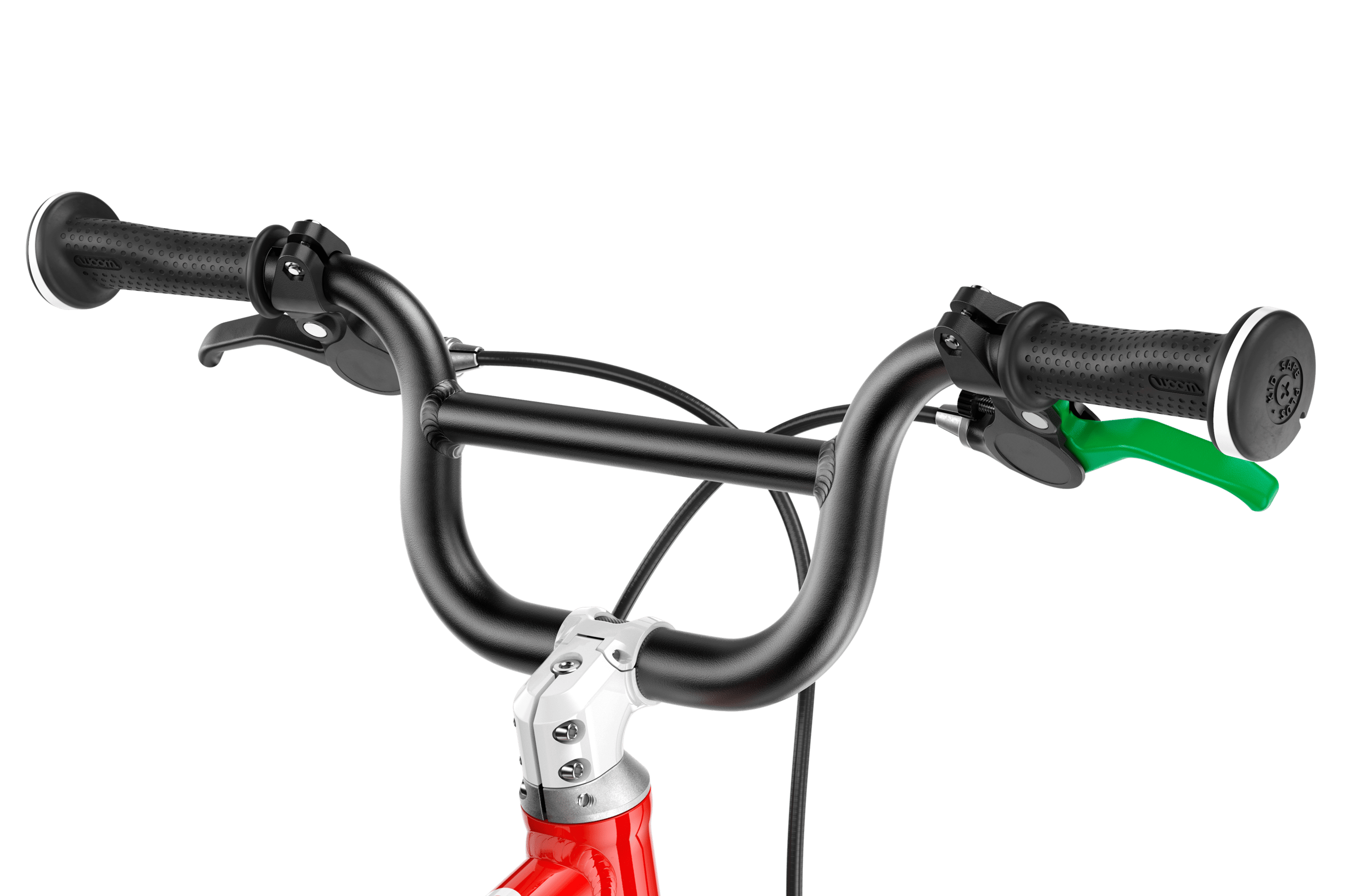 Detailed view of the stem, BMX handlebars and grips on the woom ORIGINAL 1 PLUS balance bike.
