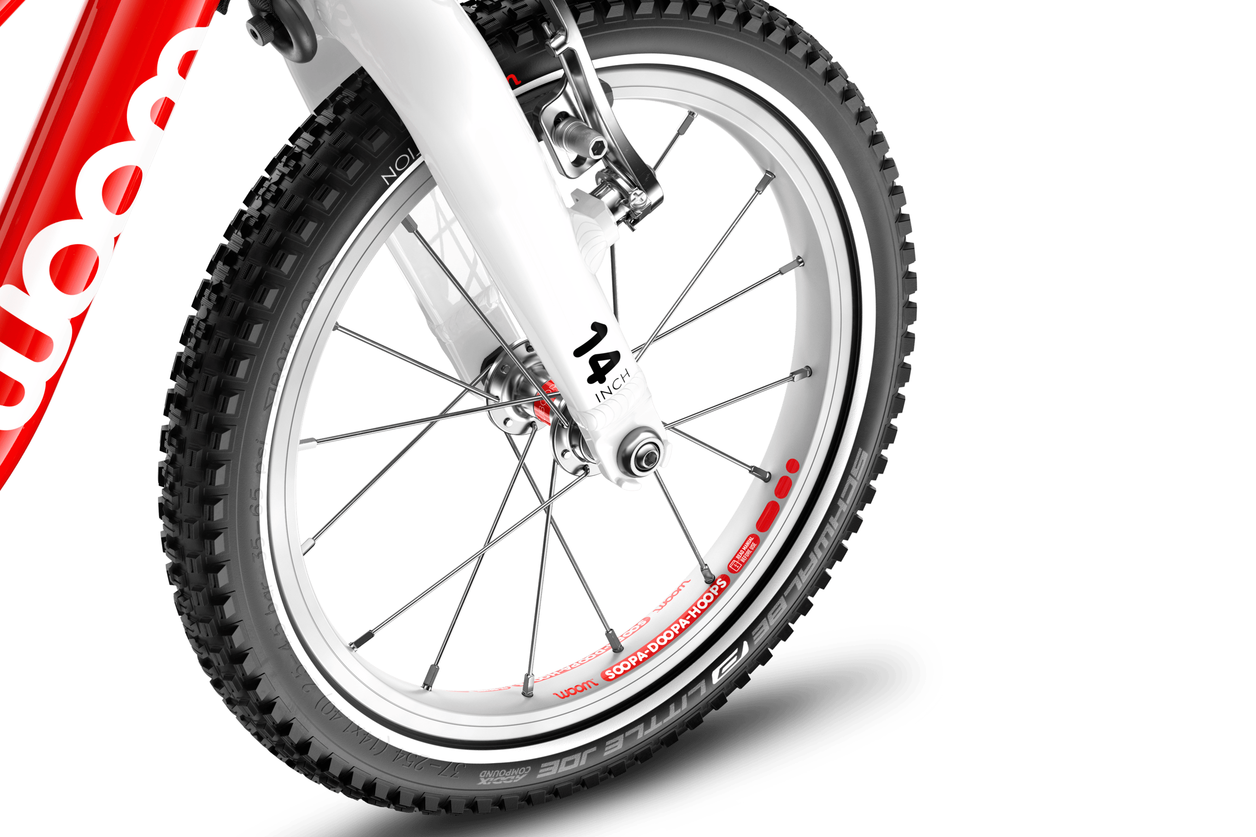 Detailed view of the front wheel on the woom ORIGINAL 1 PLUS balance bike with 14″ wheels.