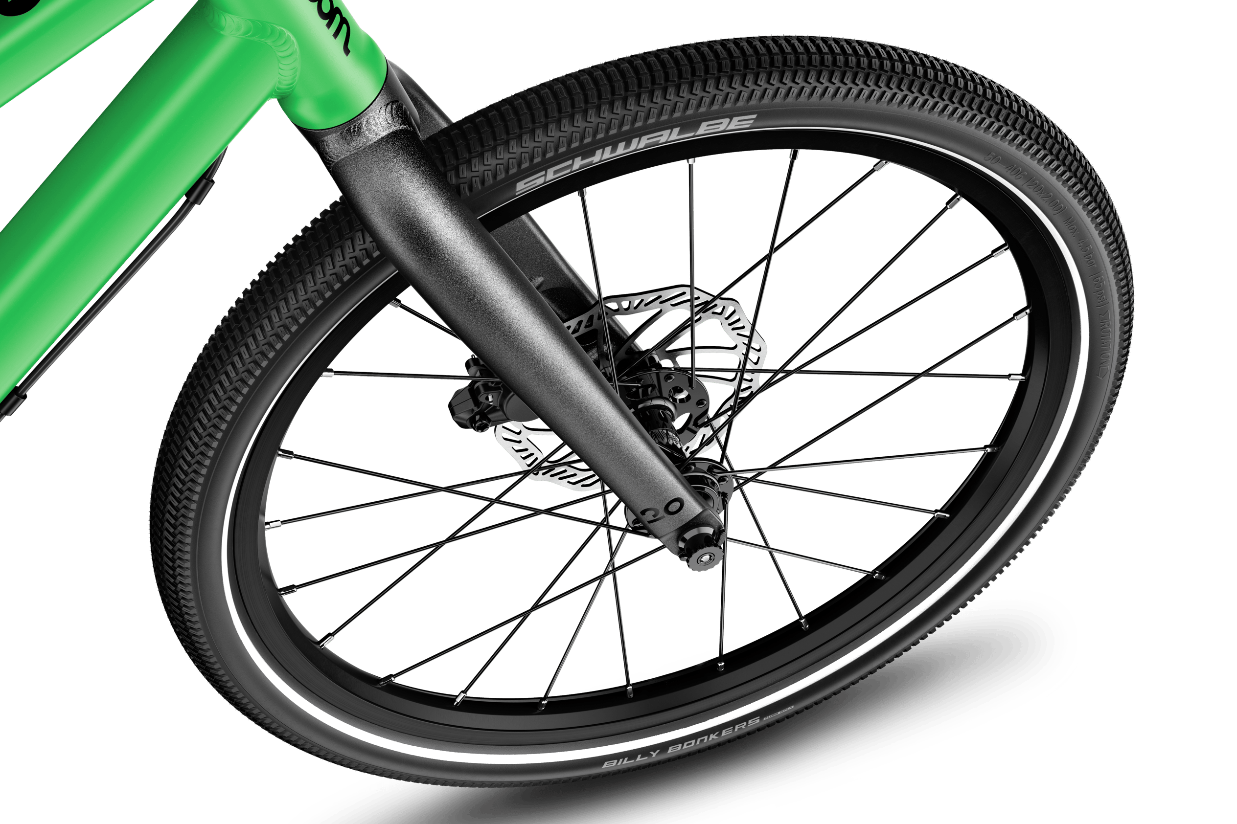 Detailansicht des 20-Zoll-Vorderrads am woom EXPLORE 4 Kinderfahrrad.