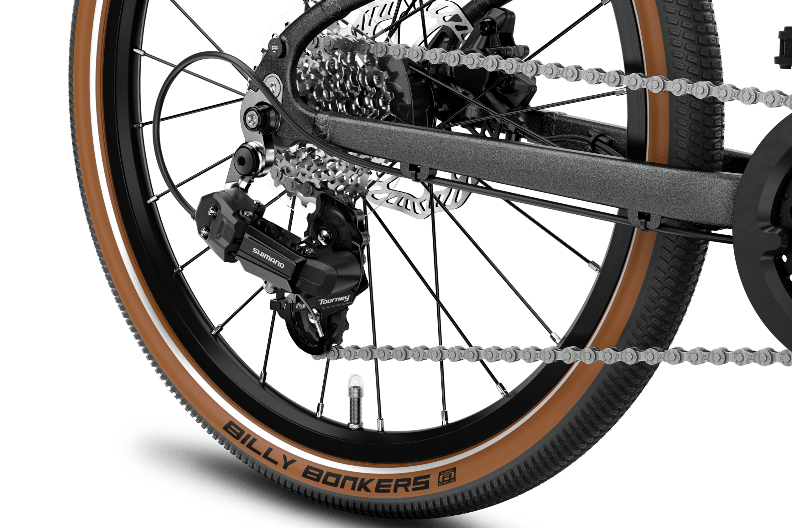 Detailed view of the back wheel on the woom EXPLORE 4 children's bike, including cassette and Shimano rear derailleur.