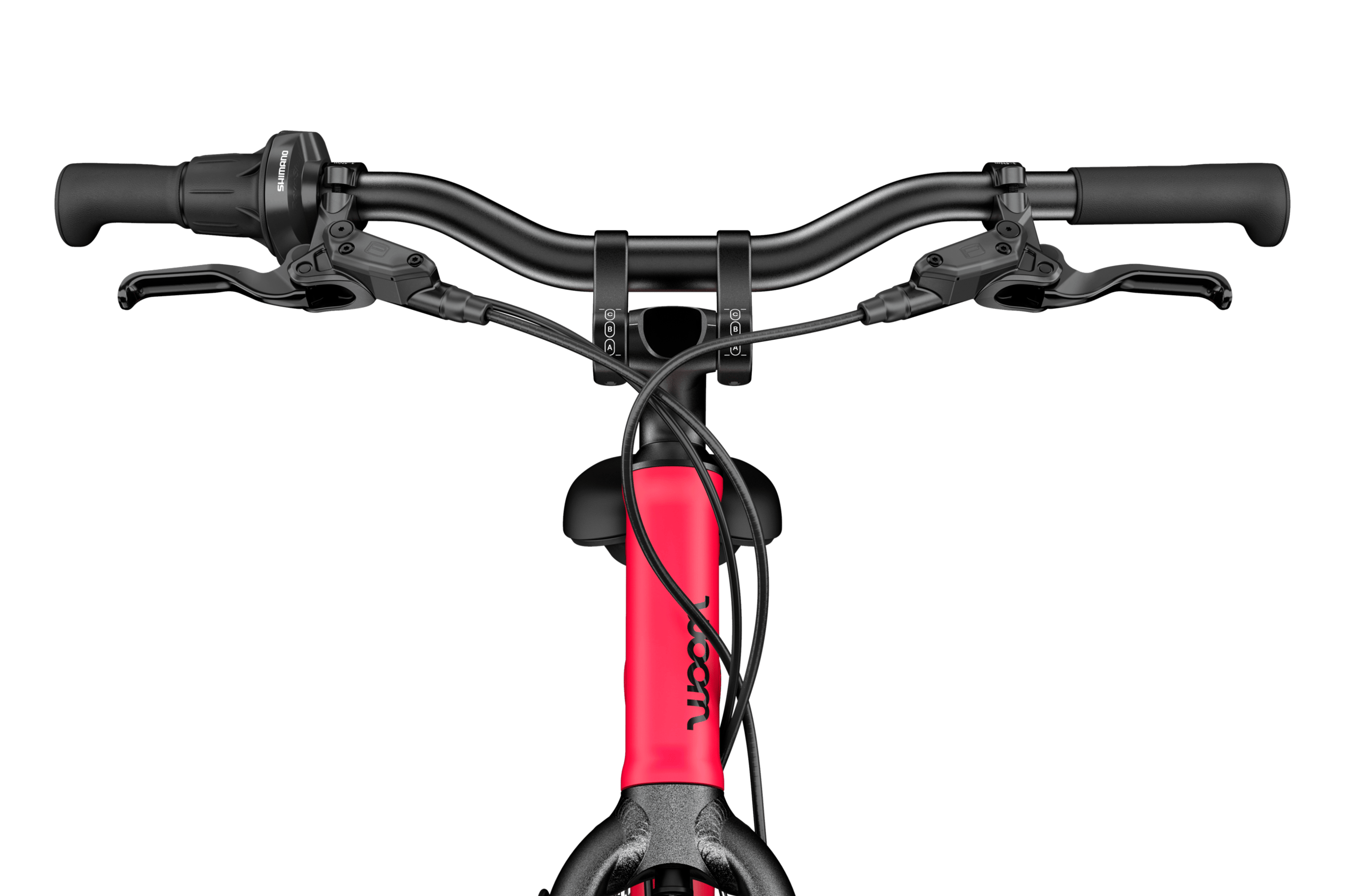 Front detailed view of the head tube, stem, handlebars and grips on the woom EXPLORE 4 children's bike.